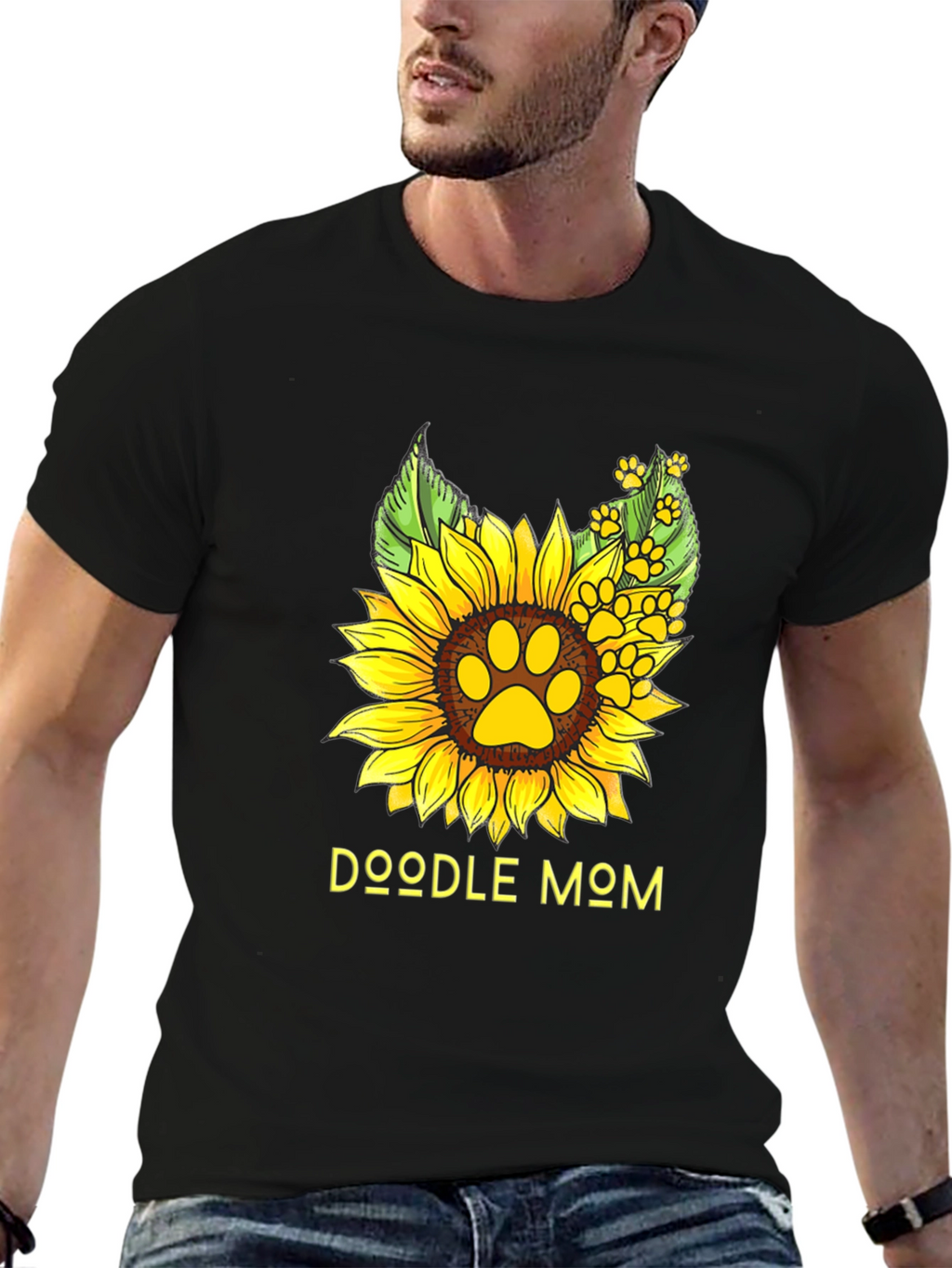 Doodle Mom Sunflower Paw Print Black T-Shirt