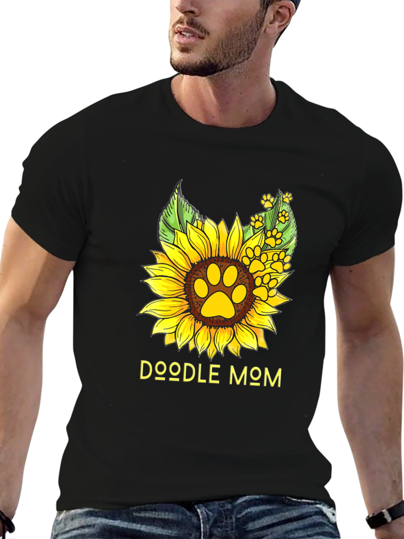 Doodle Mom Sunflower Paw Print Black T-Shirt