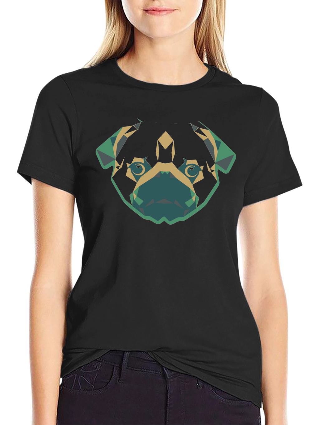 Geometric Pug Dog Graphic Tee - Black Cotton T-Shirt