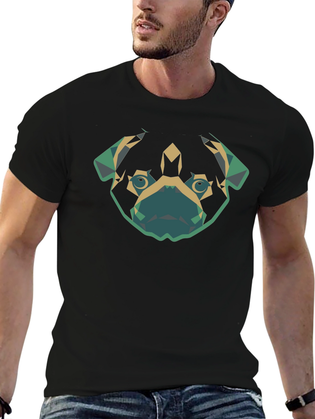 Geometric Pug Dog Graphic Tee - Black Cotton T-Shirt