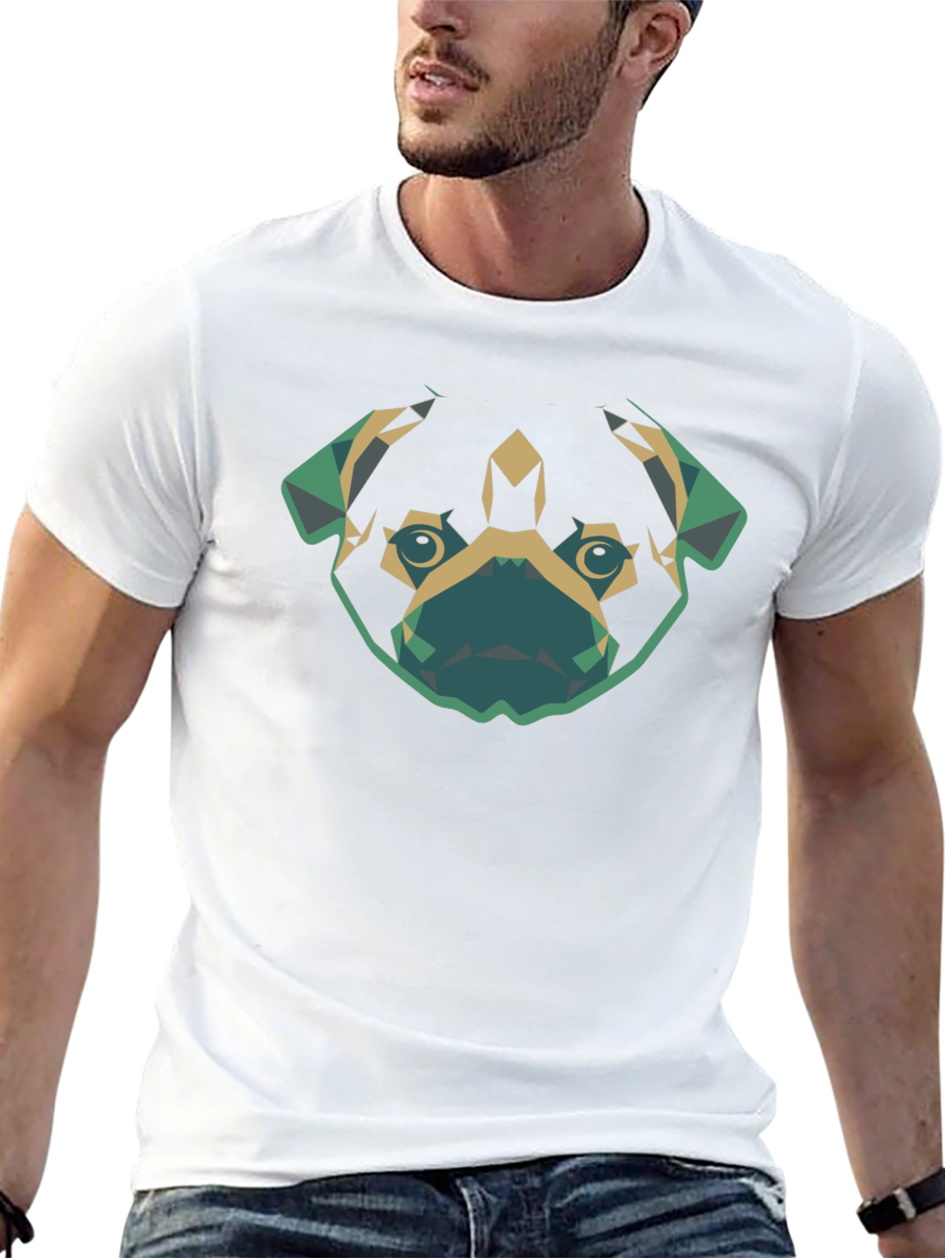 Geometric Pug Dog Graphic Tee - Black Cotton T-Shirt