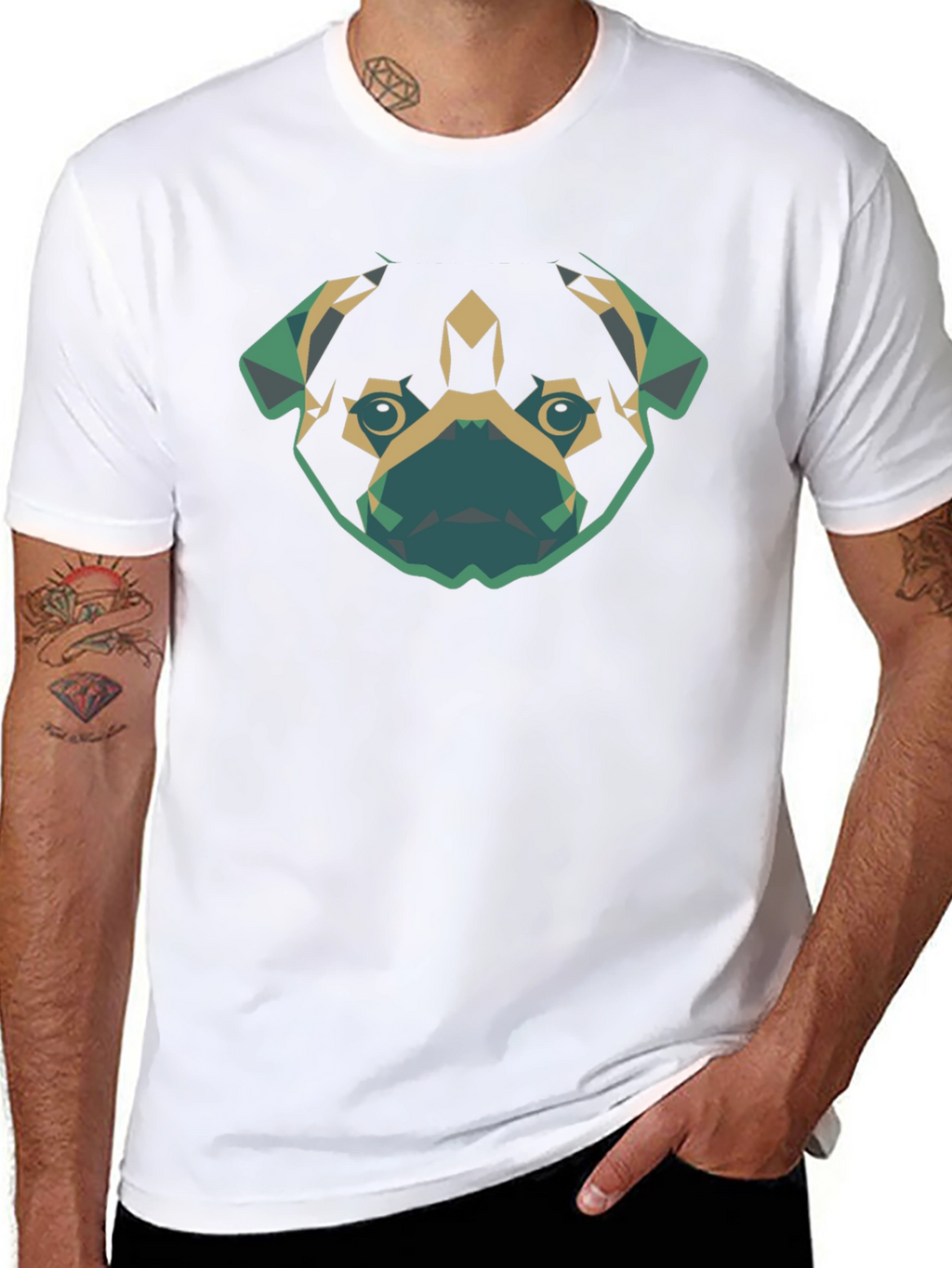 Geometric Pug Dog Graphic Tee - Black Cotton T-Shirt