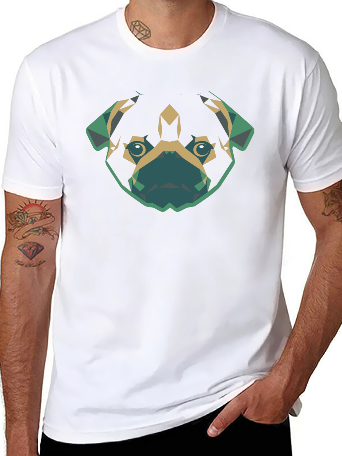 Geometric Pug Dog Graphic Tee - Black Cotton T-Shirt