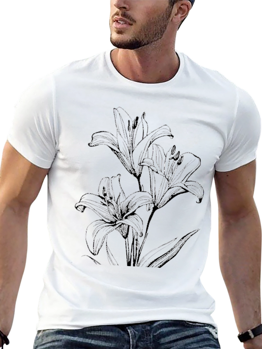 Elegant Lily Print Black T-Shirt