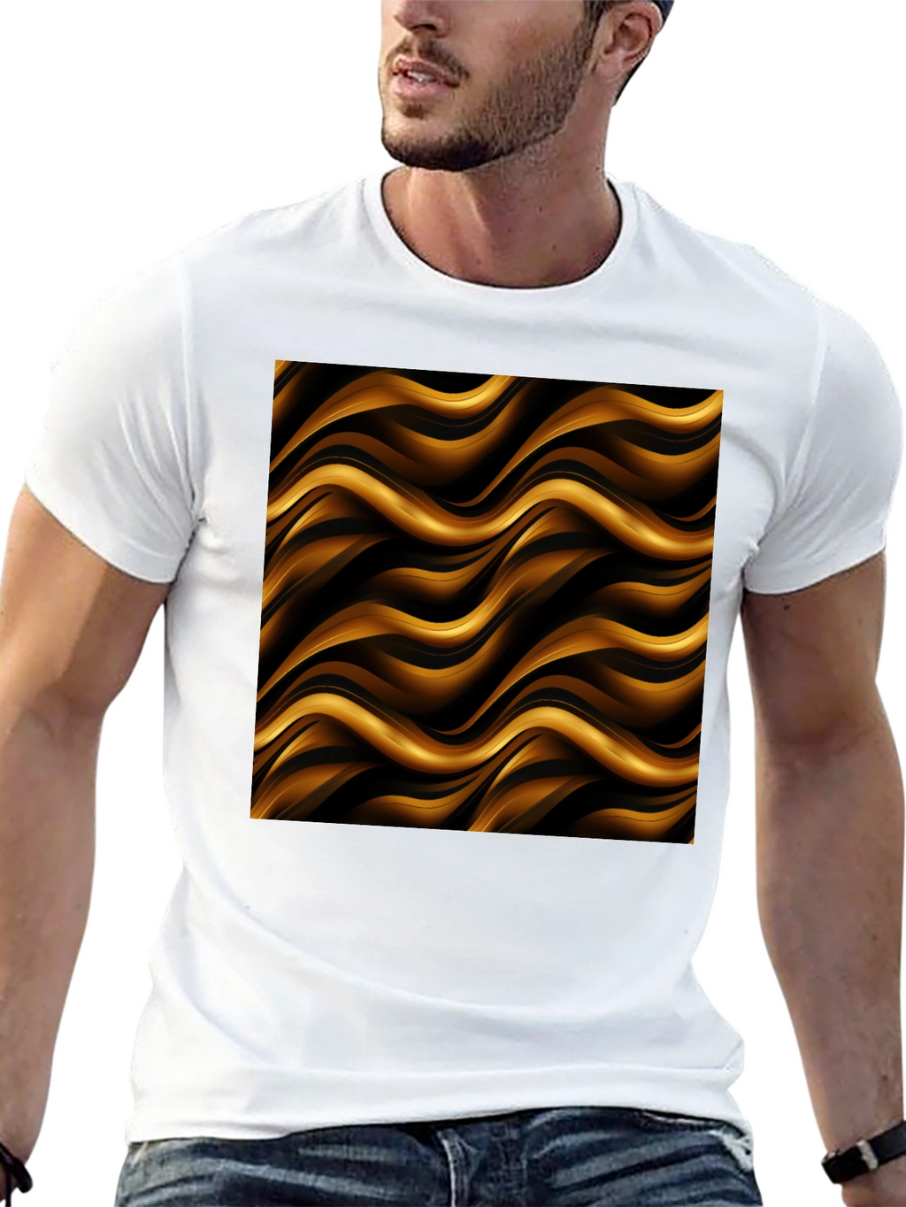 Stylish Black Tee with Abstract Gold Wave Design