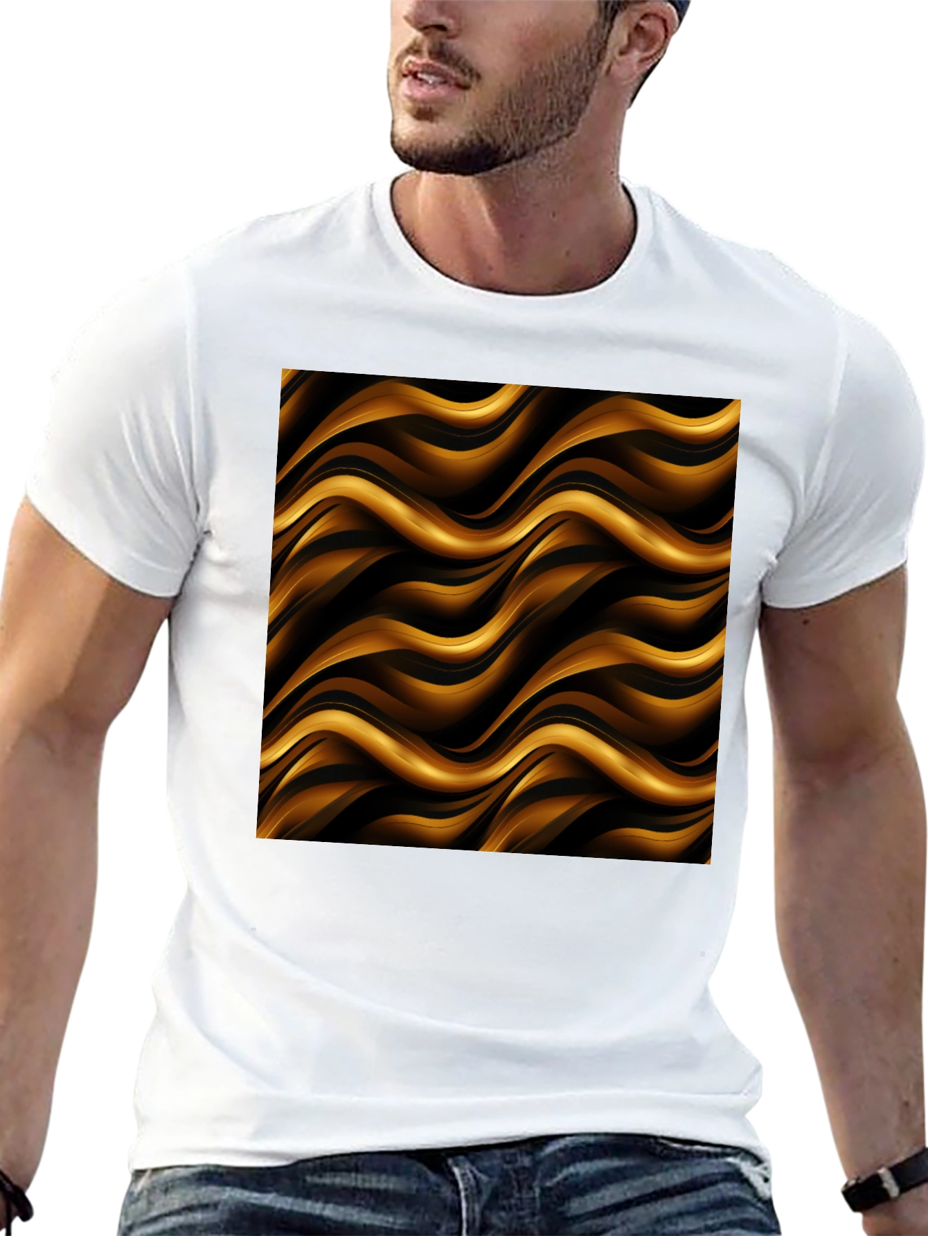 Stylish Black Tee with Abstract Gold Wave Design