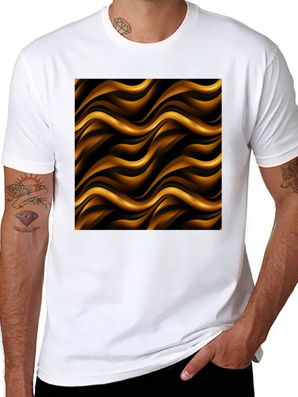 Stylish Black Tee with Abstract Gold Wave Design