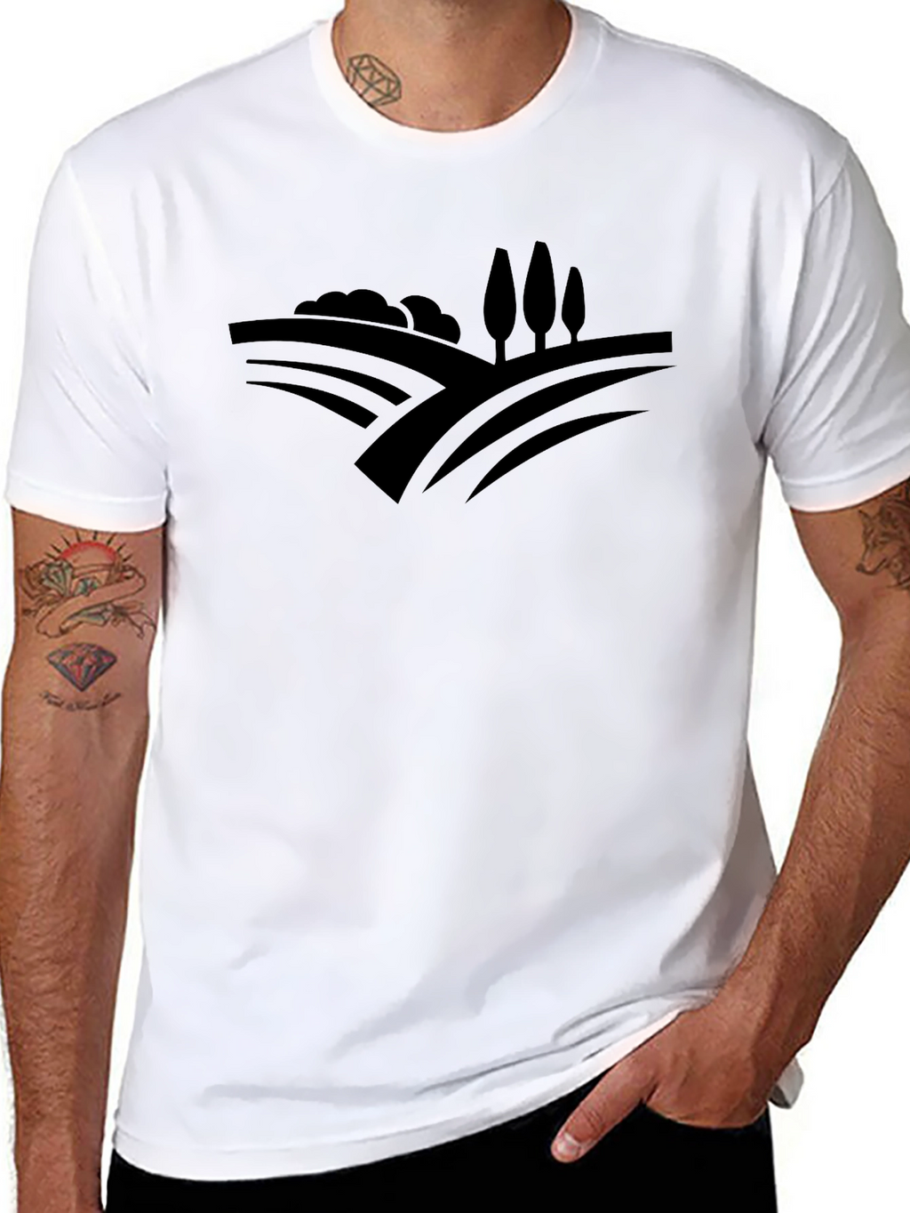 Stylish Black Tee with Countryside Graphic Design