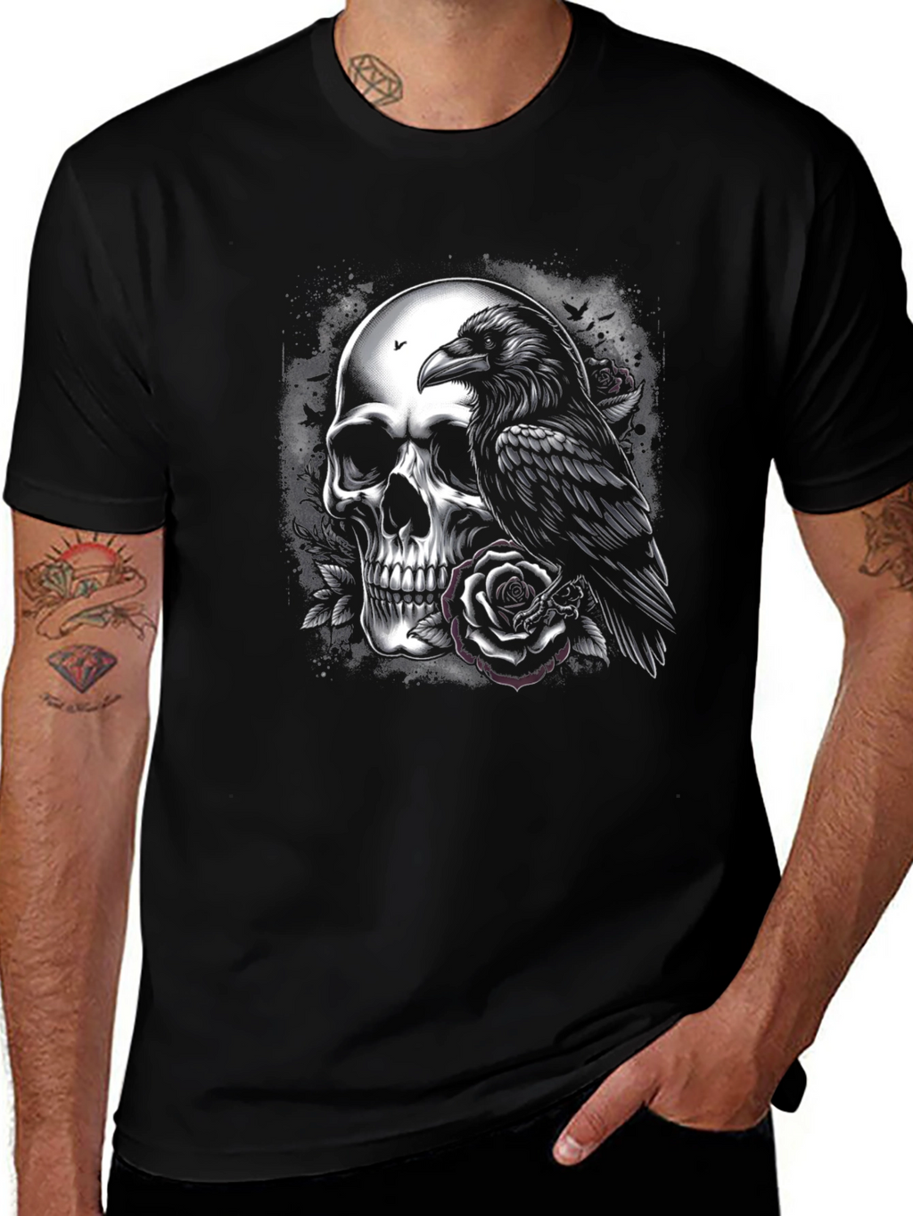 Skull Raven Rose Graphic Tee - Dark Aesthetic T-Shirt