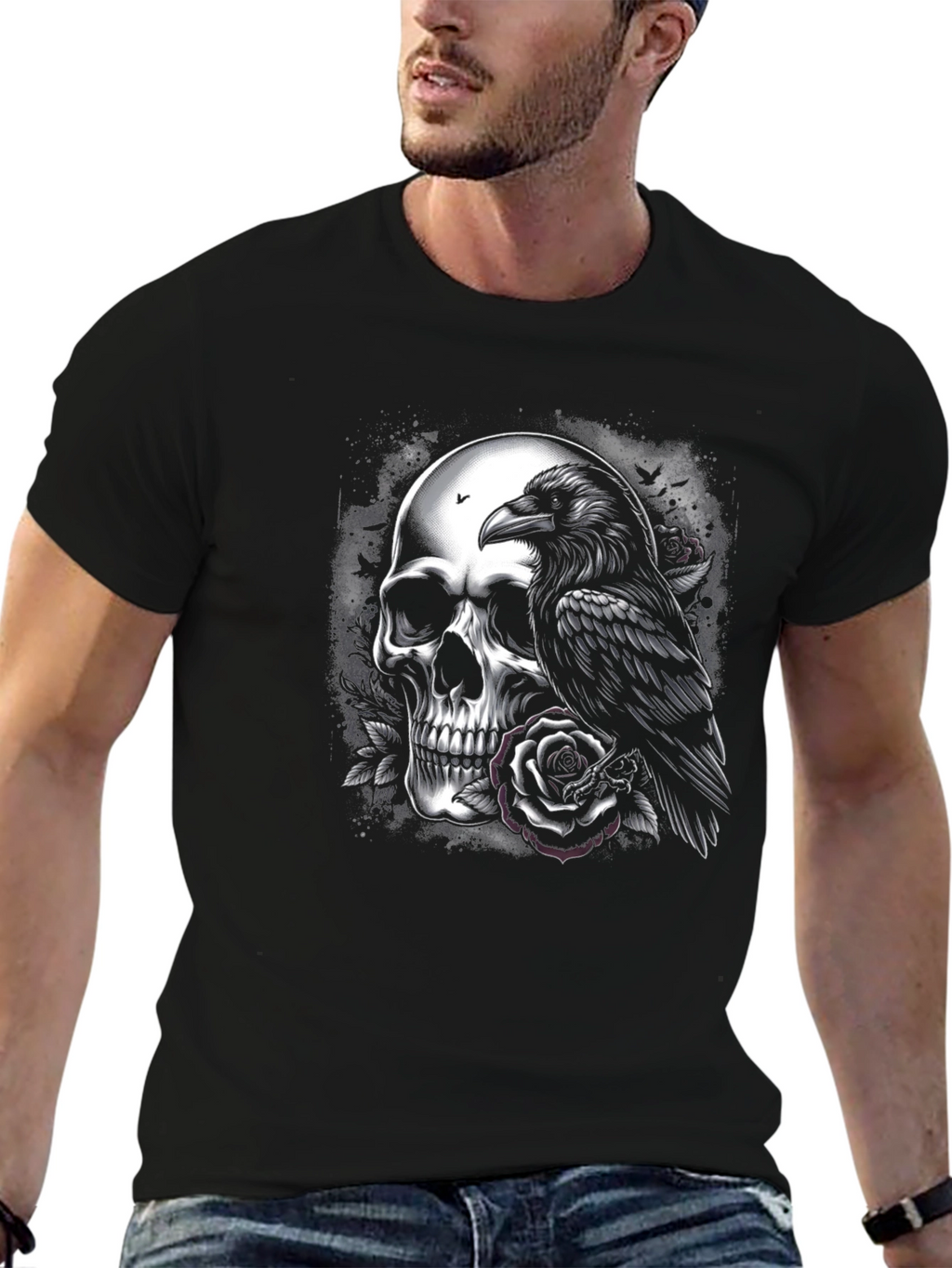 Skull Raven Rose Graphic Tee - Dark Aesthetic T-Shirt