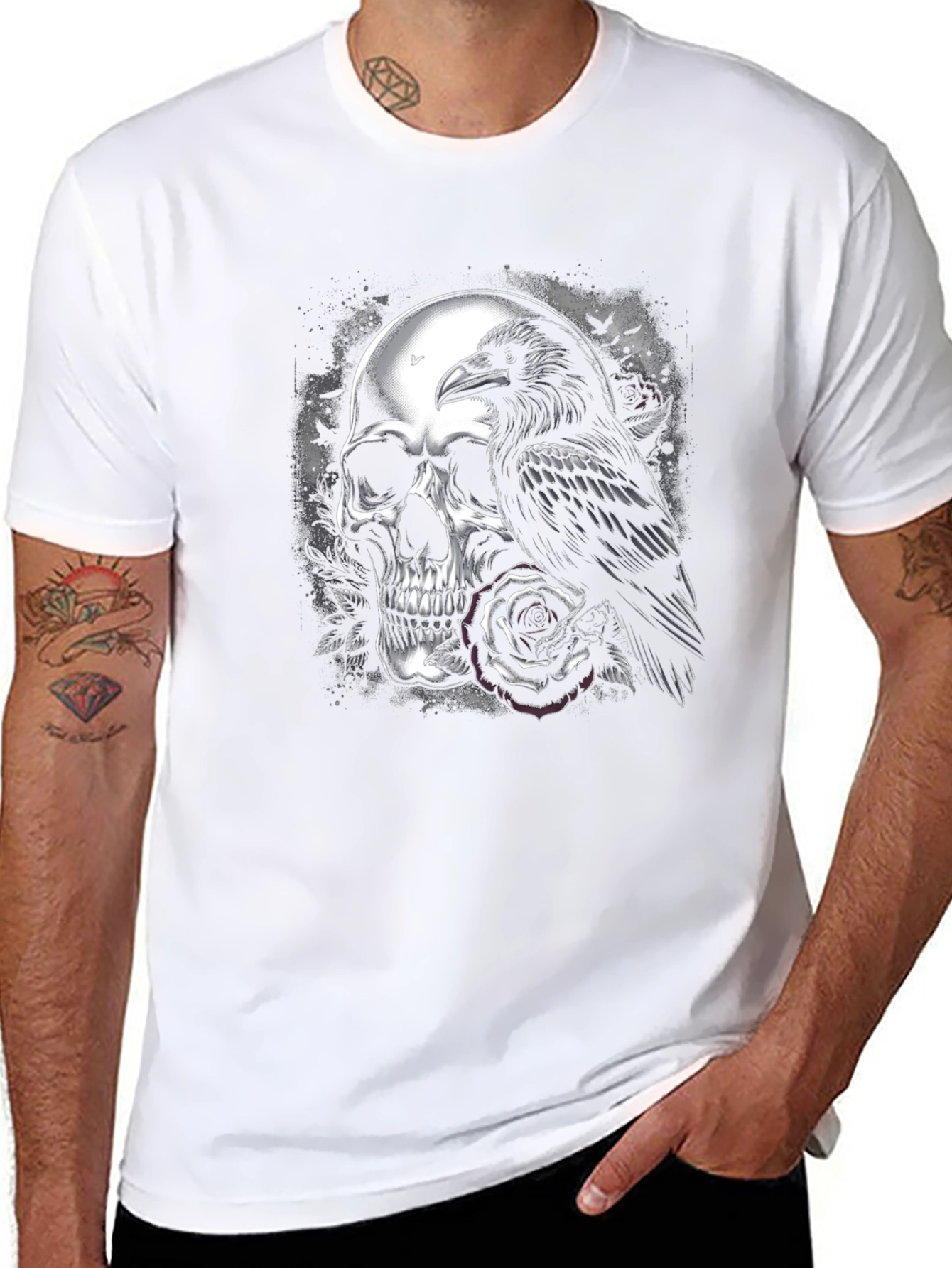 Skull Raven Rose Graphic Tee - Dark Aesthetic T-Shirt