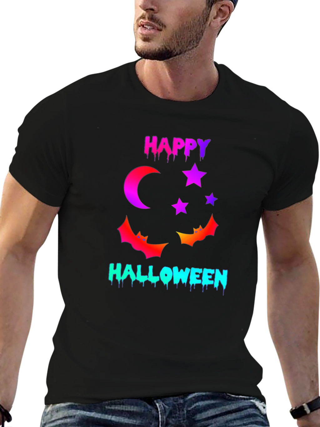 Happy Halloween T-Shirt with Moon Stars and Bats