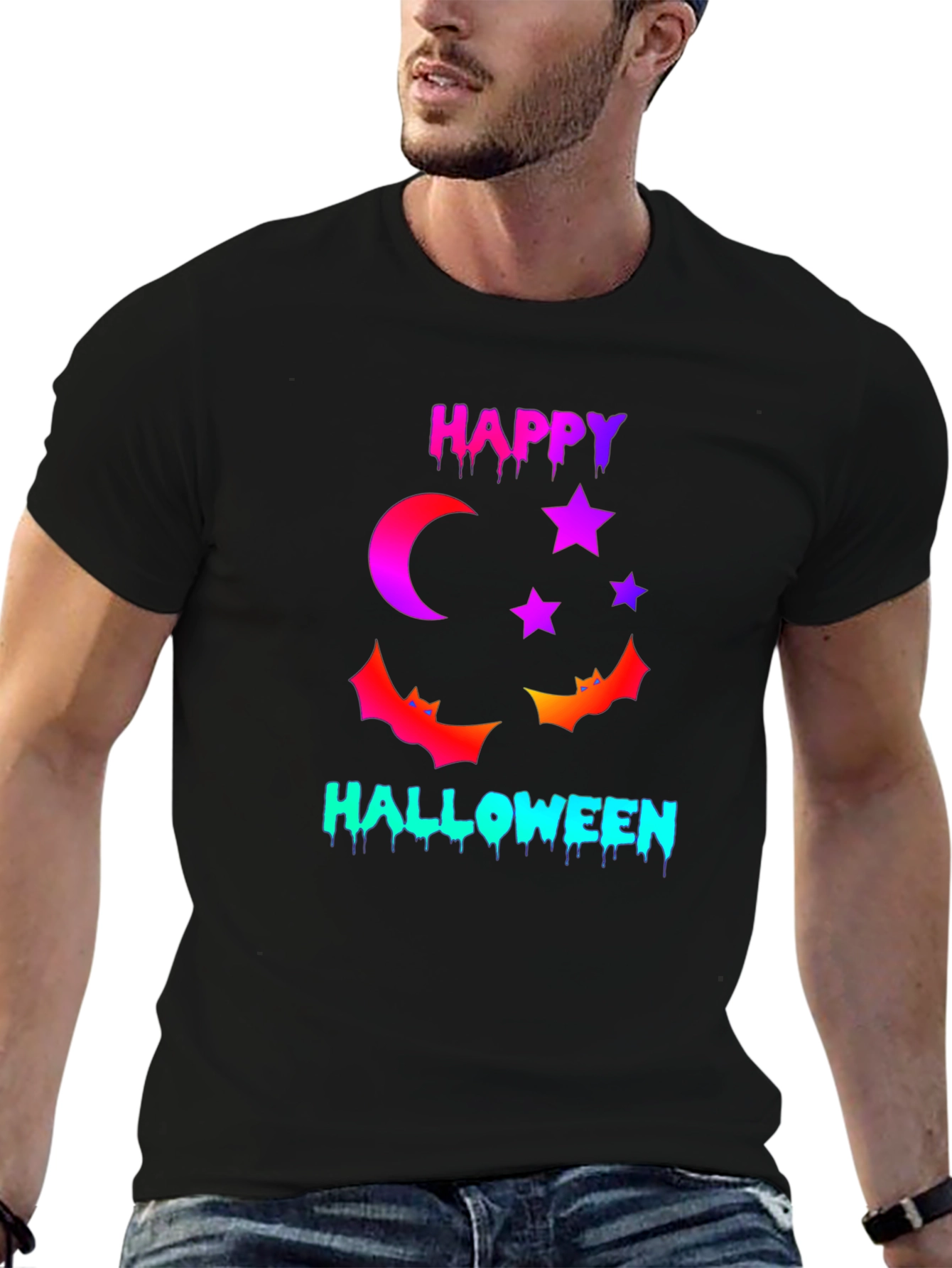 Happy Halloween T-Shirt with Moon Stars and Bats