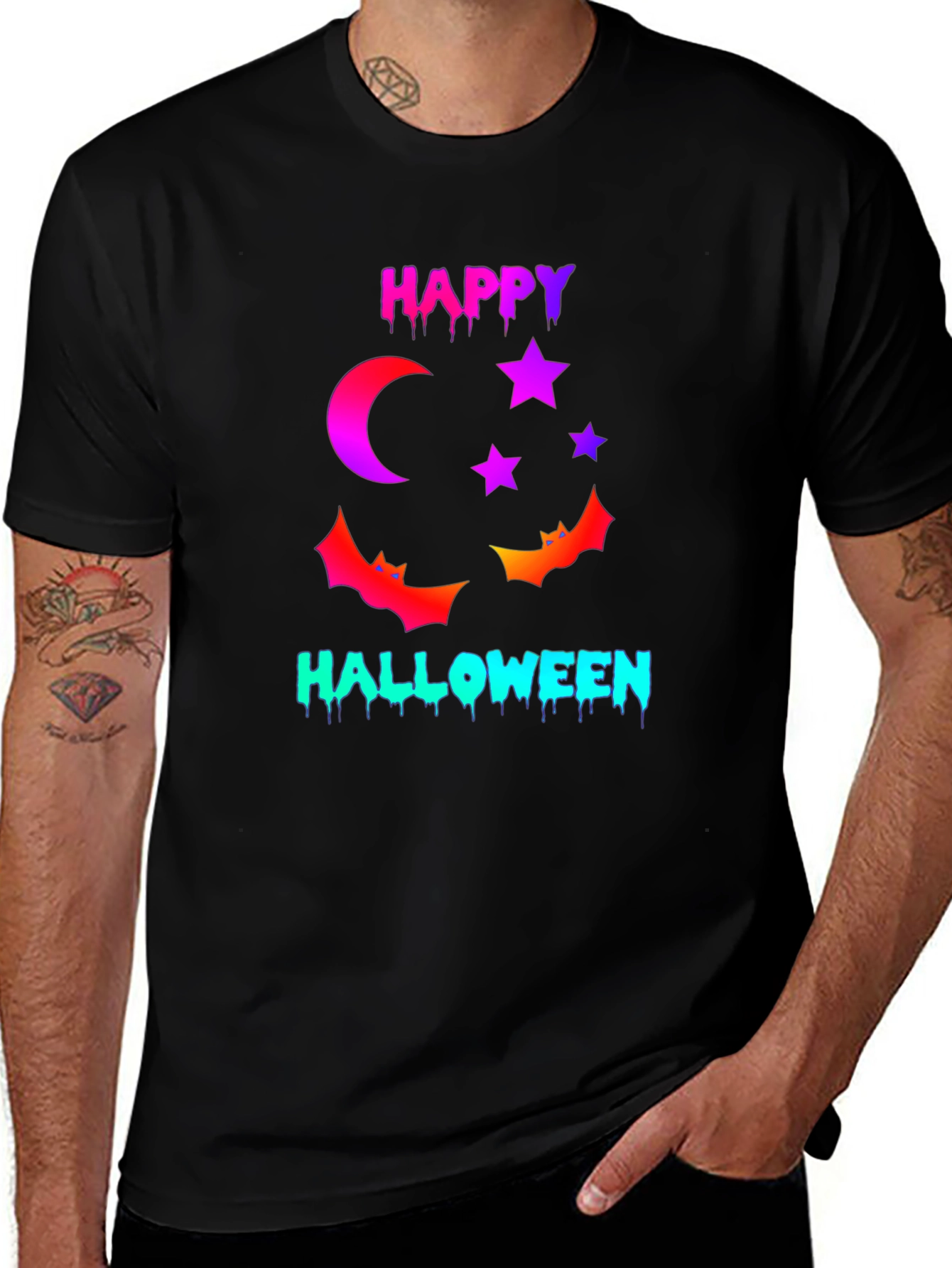 Happy Halloween T-Shirt with Moon Stars and Bats
