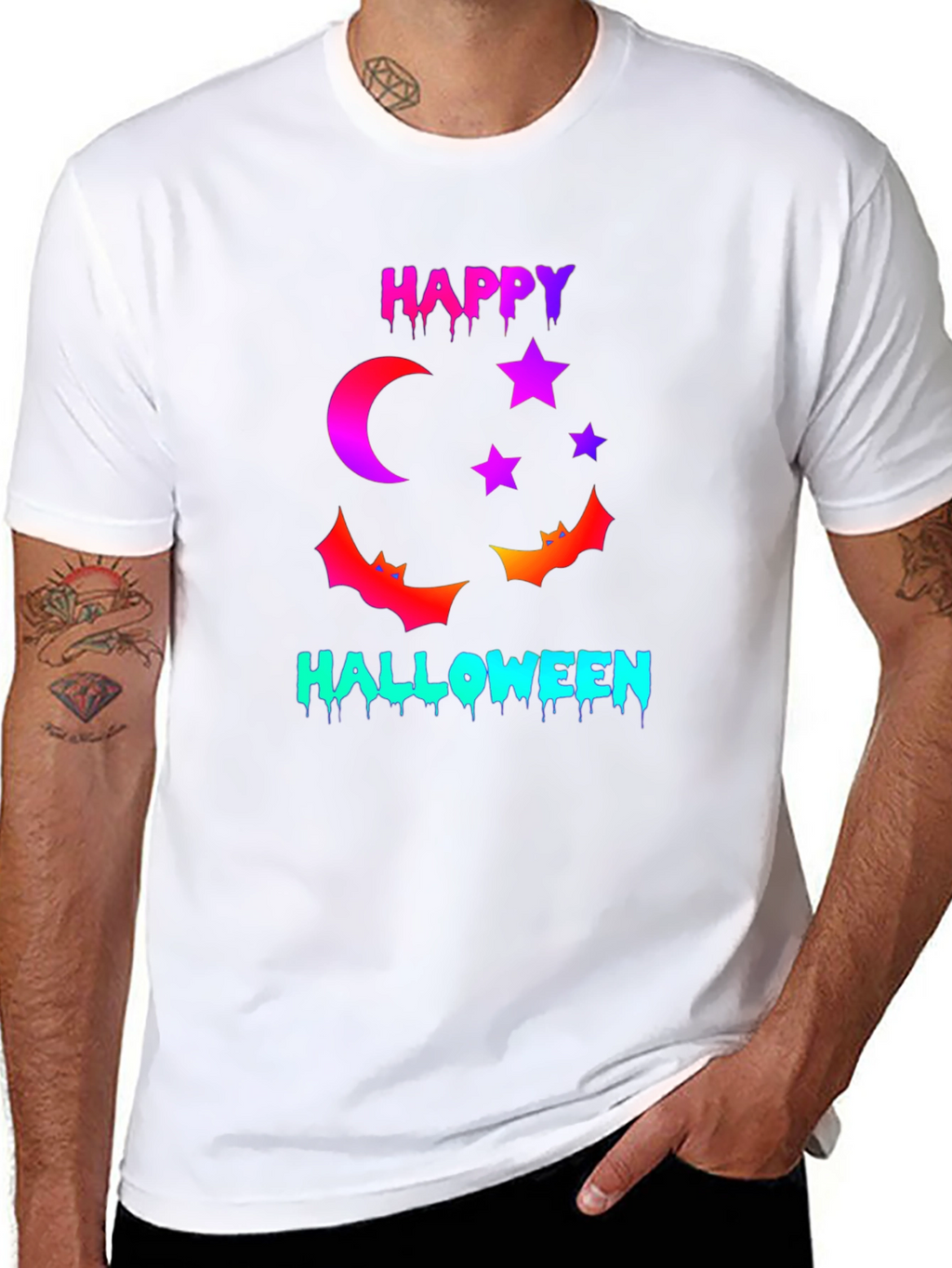 Happy Halloween T-Shirt with Moon Stars and Bats