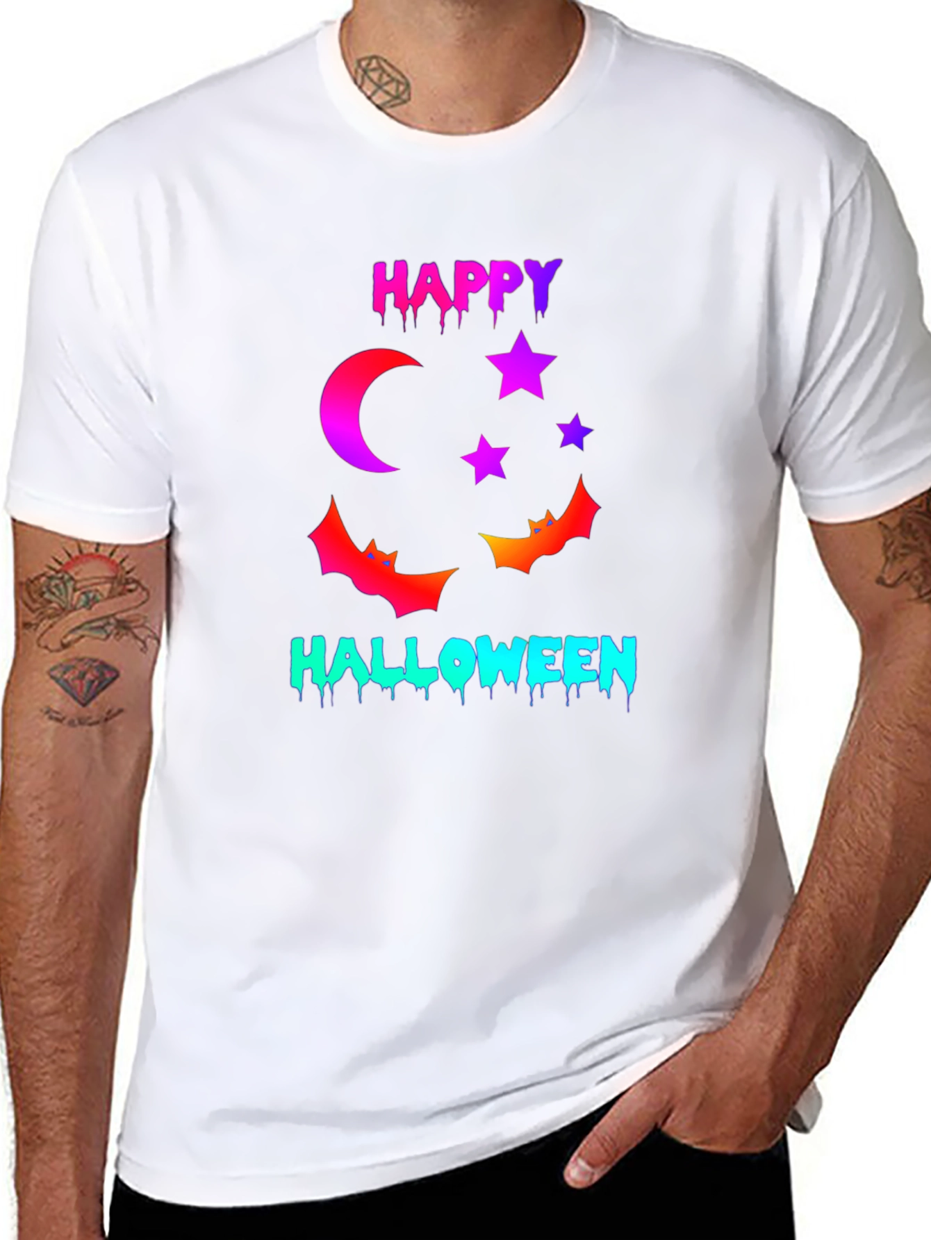 Happy Halloween T-Shirt with Moon Stars and Bats