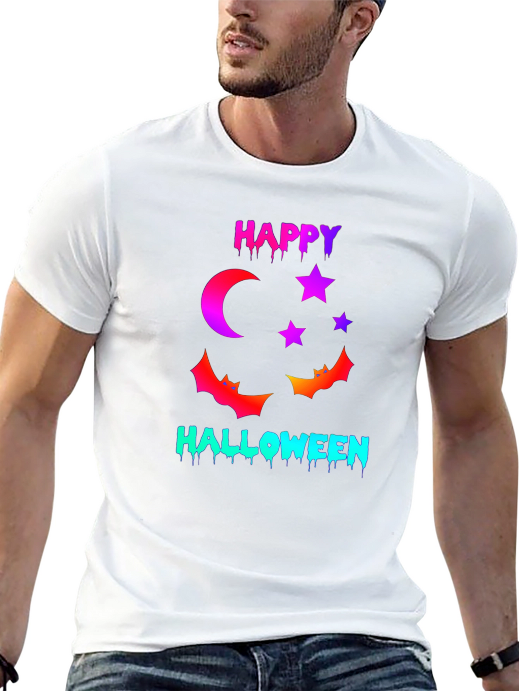 Happy Halloween T-Shirt with Moon Stars and Bats