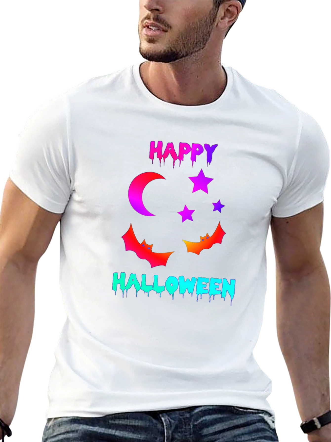 Happy Halloween T-Shirt with Moon Stars and Bats