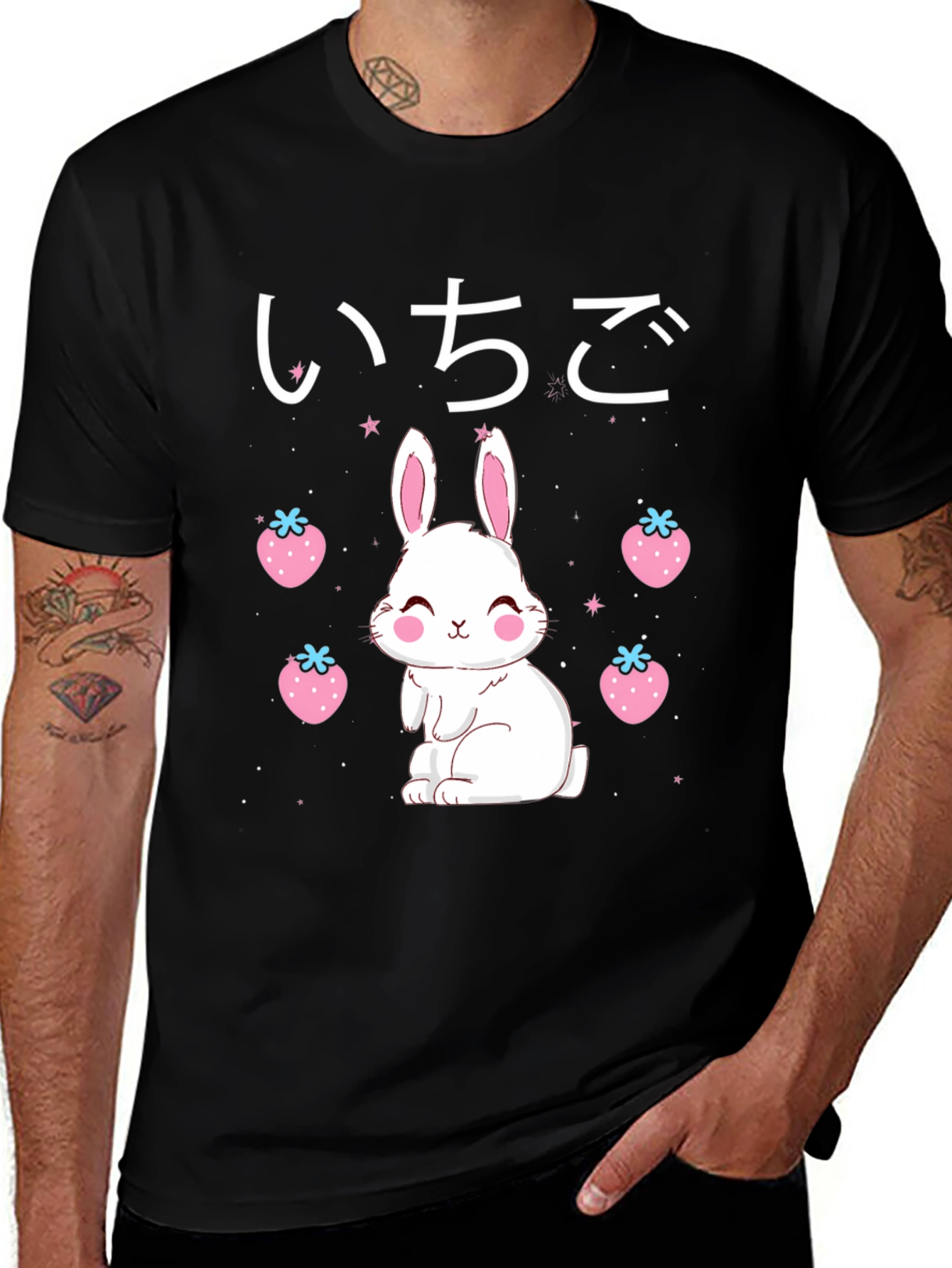Kawaii Bunny & Strawberry Black T-Shirt