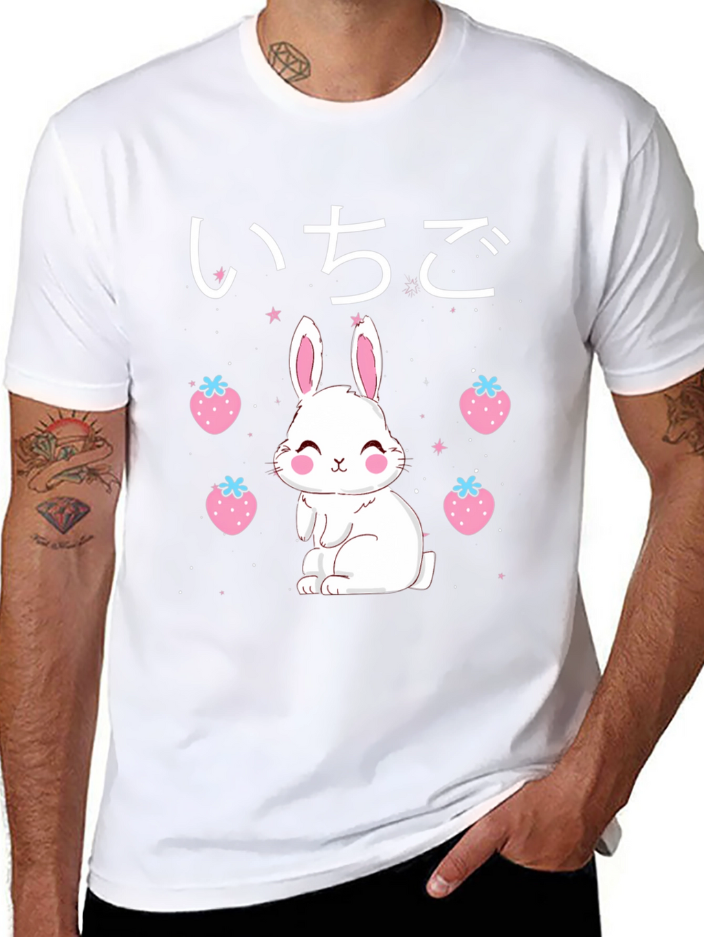 Kawaii Bunny & Strawberry Black T-Shirt