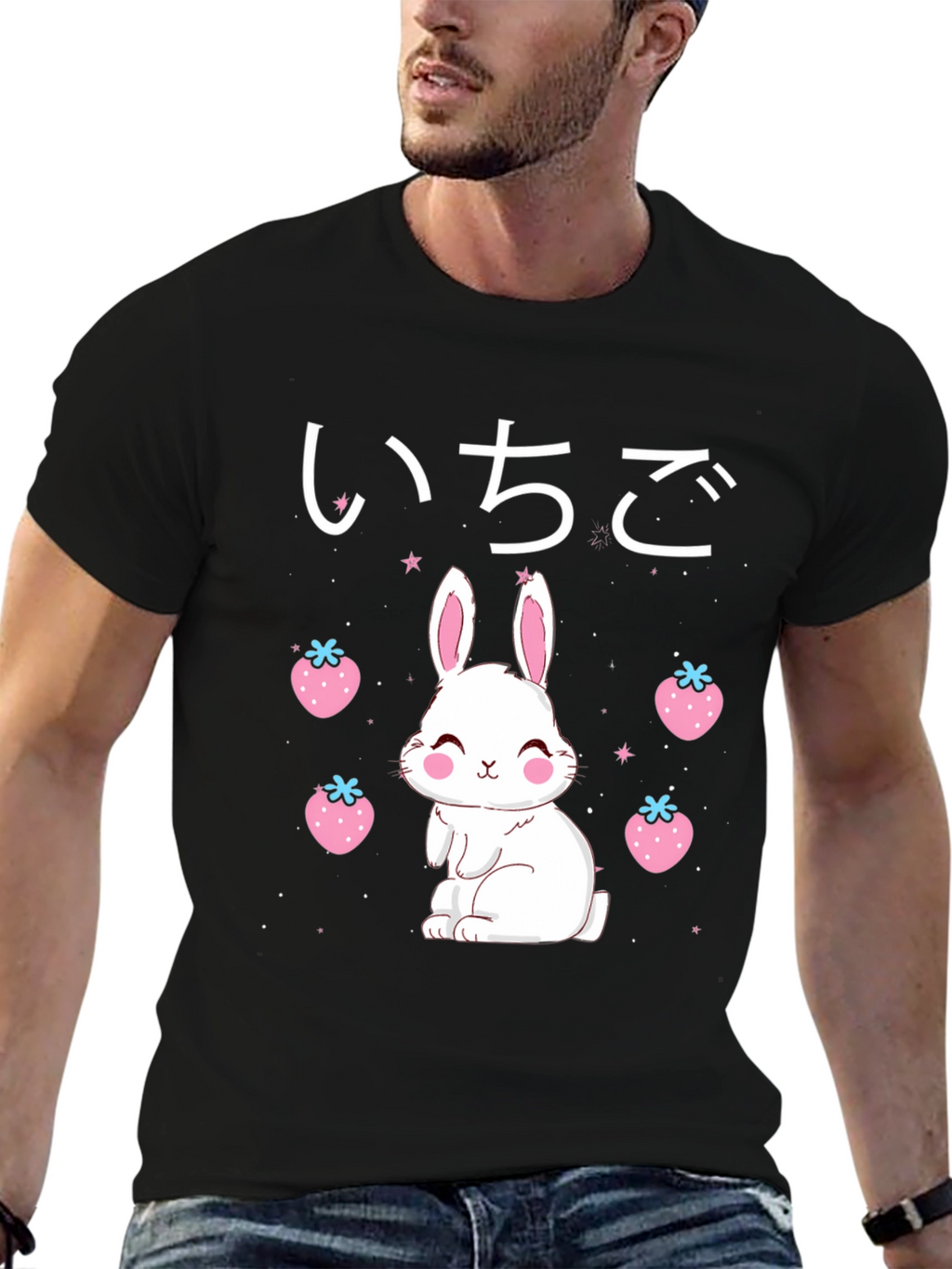 Kawaii Bunny & Strawberry Black T-Shirt