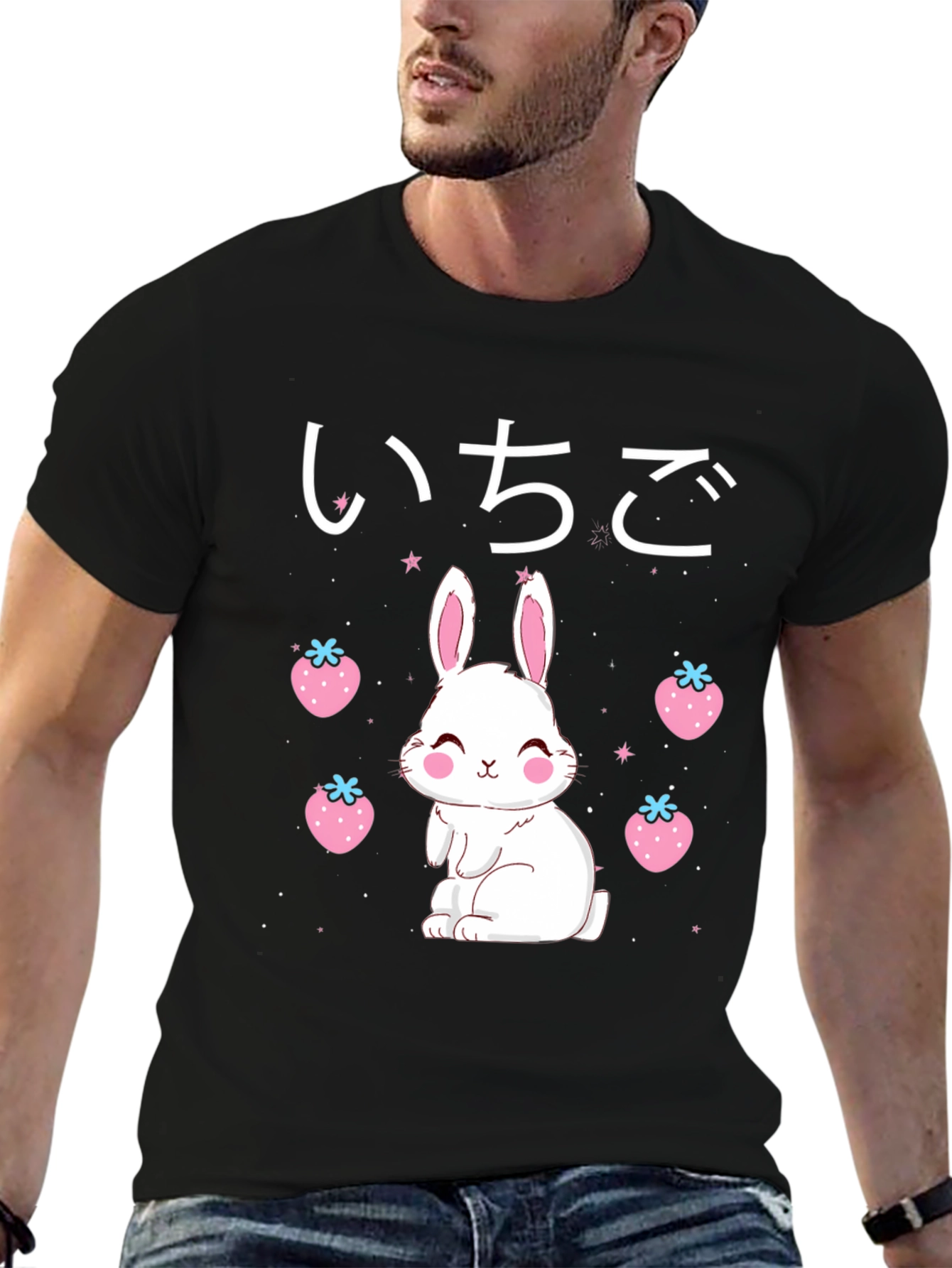 Kawaii Bunny & Strawberry Black T-Shirt