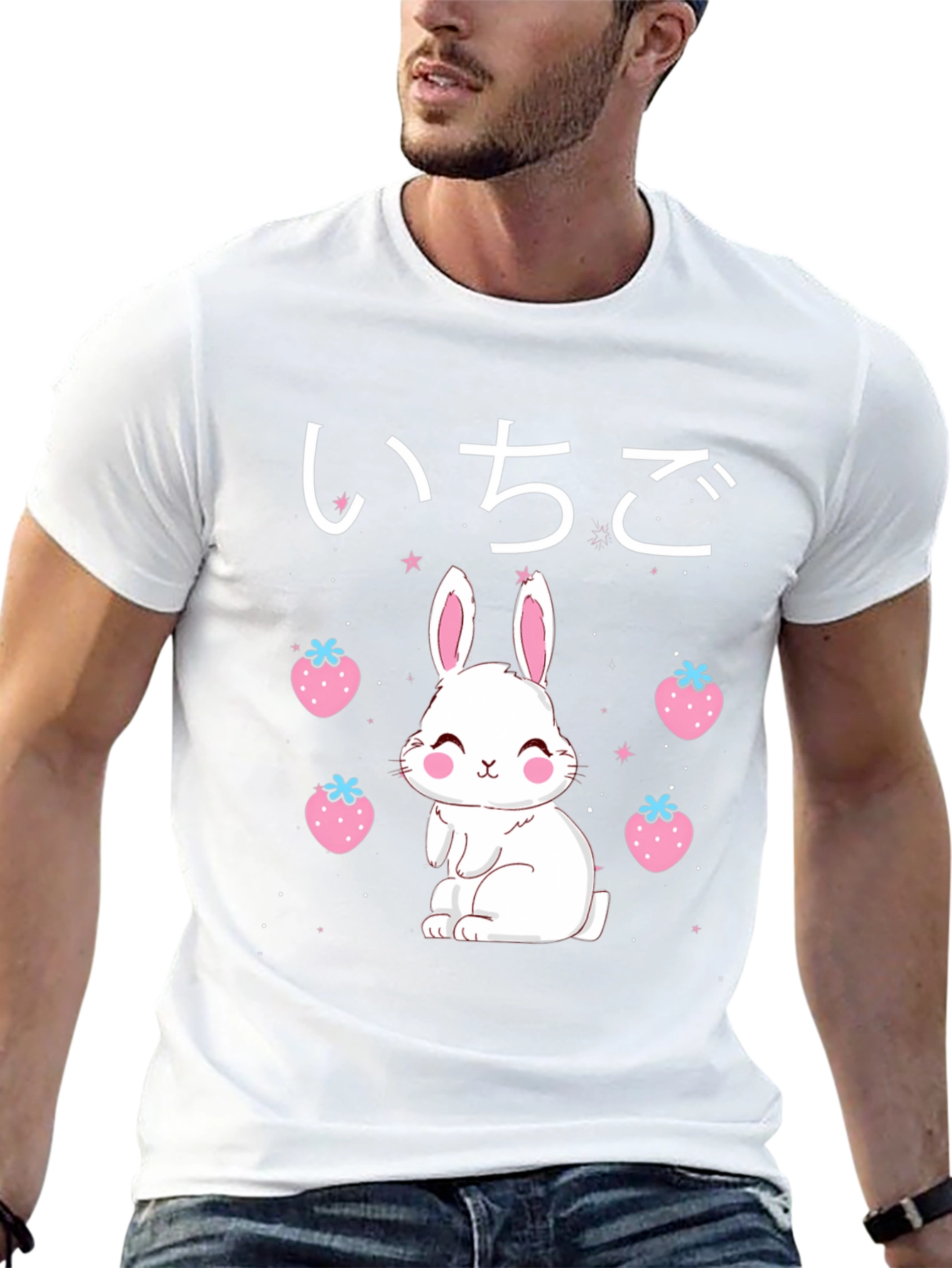 Kawaii Bunny & Strawberry Black T-Shirt