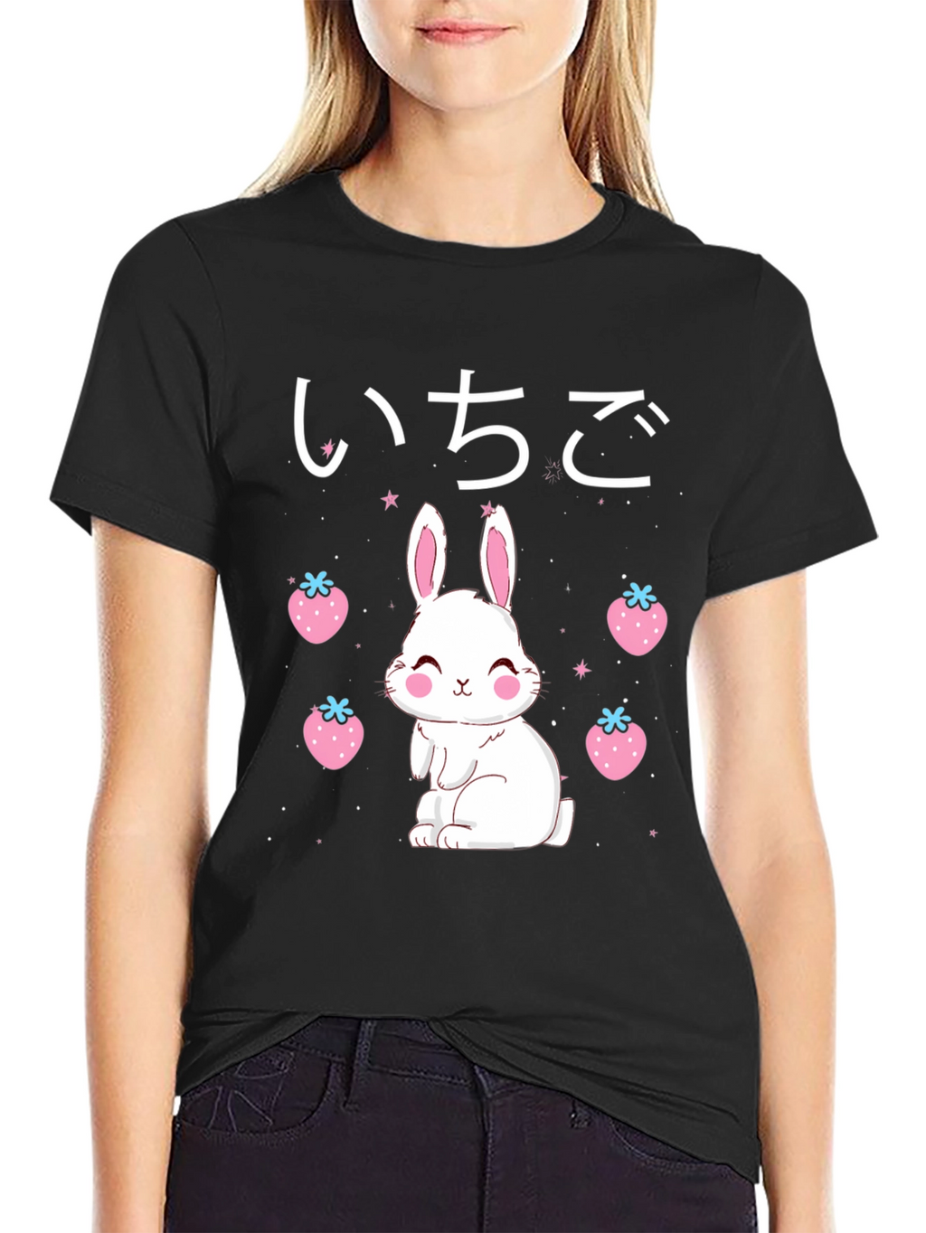 Kawaii Bunny & Strawberry Black T-Shirt