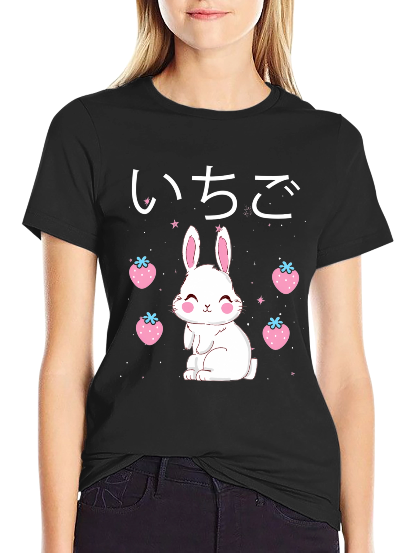 Kawaii Bunny & Strawberry Black T-Shirt