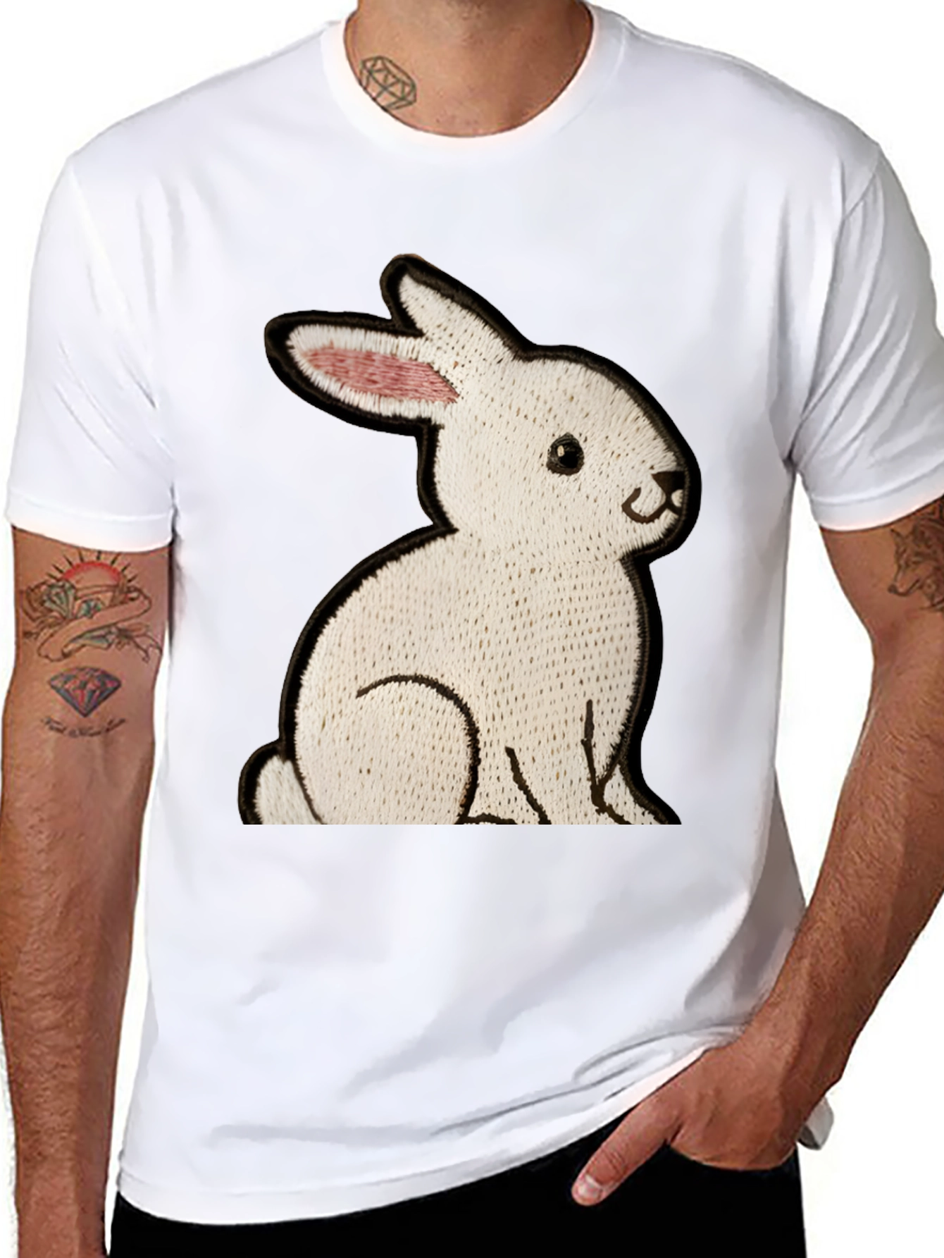 Black T-Shirt with Embroidered Rabbit