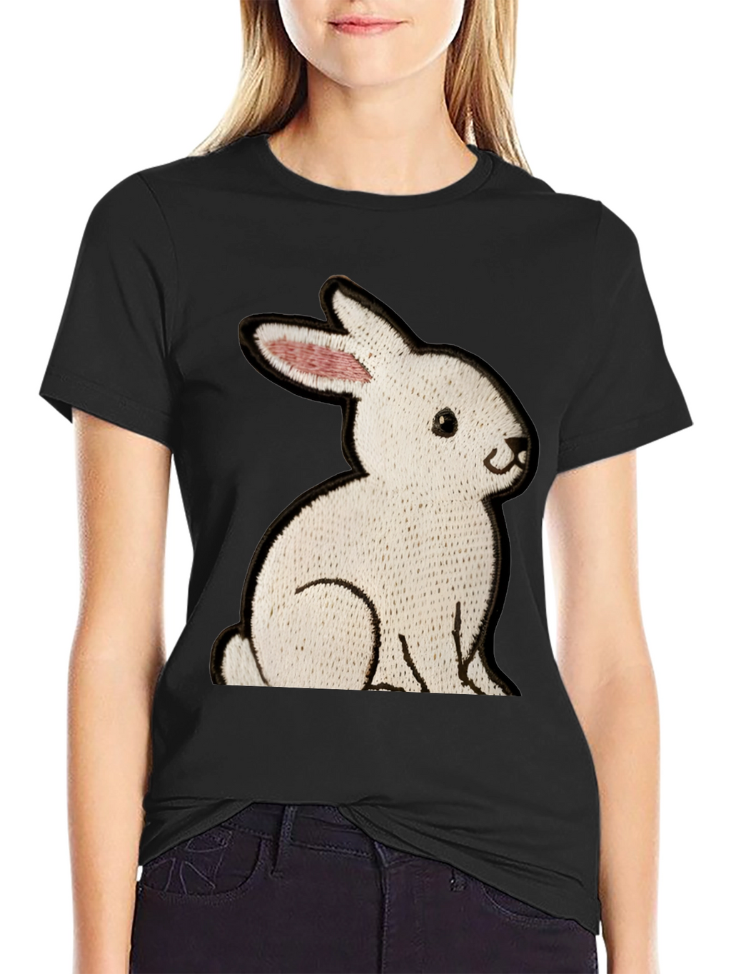 Black T-Shirt with Embroidered Rabbit