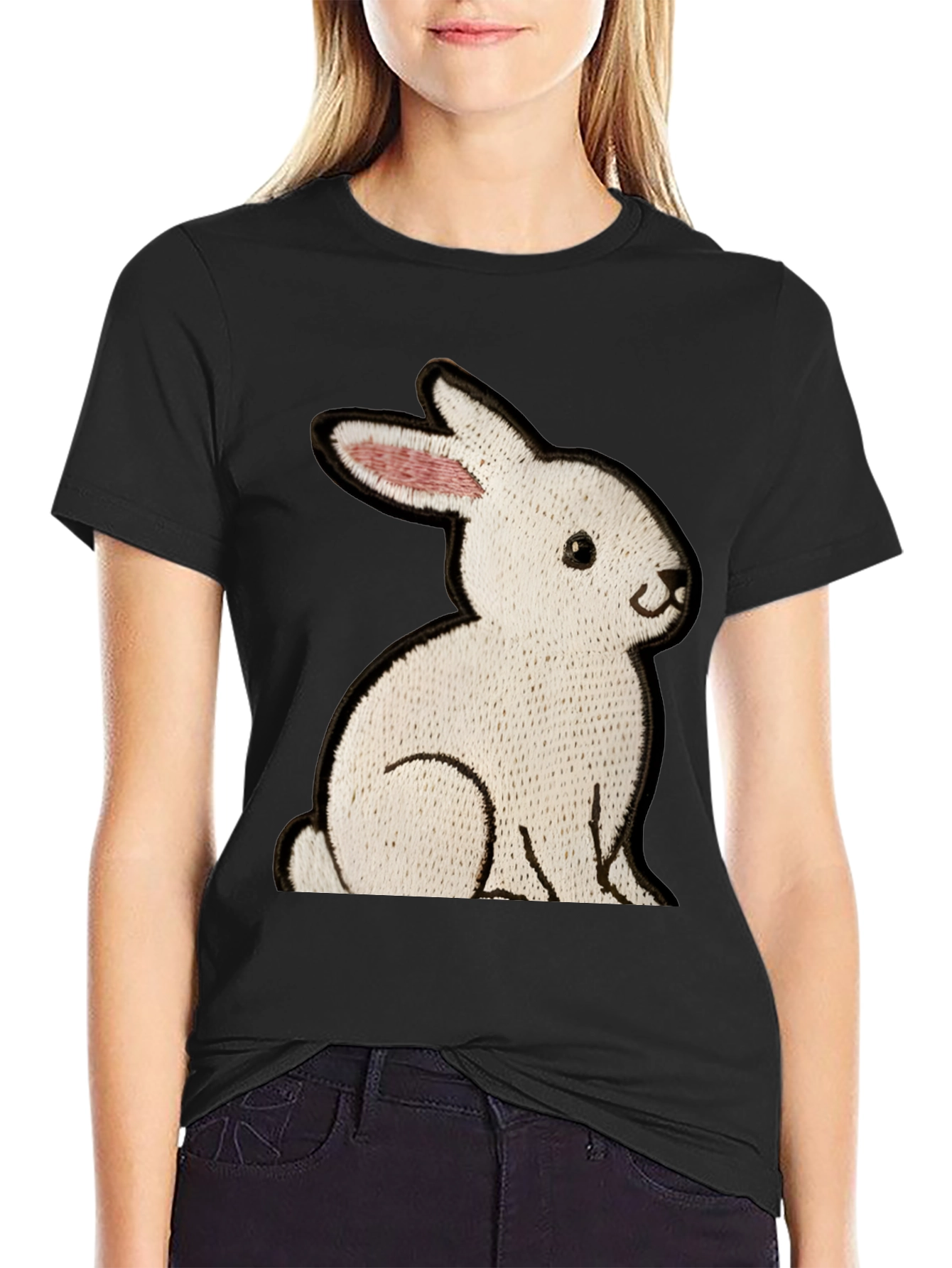 Black T-Shirt with Embroidered Rabbit