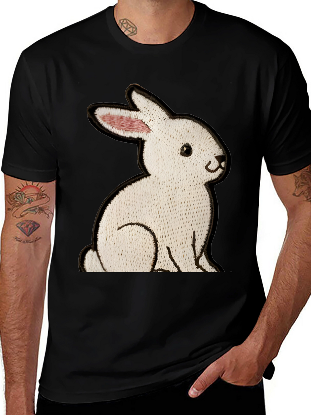 Black T-Shirt with Embroidered Rabbit