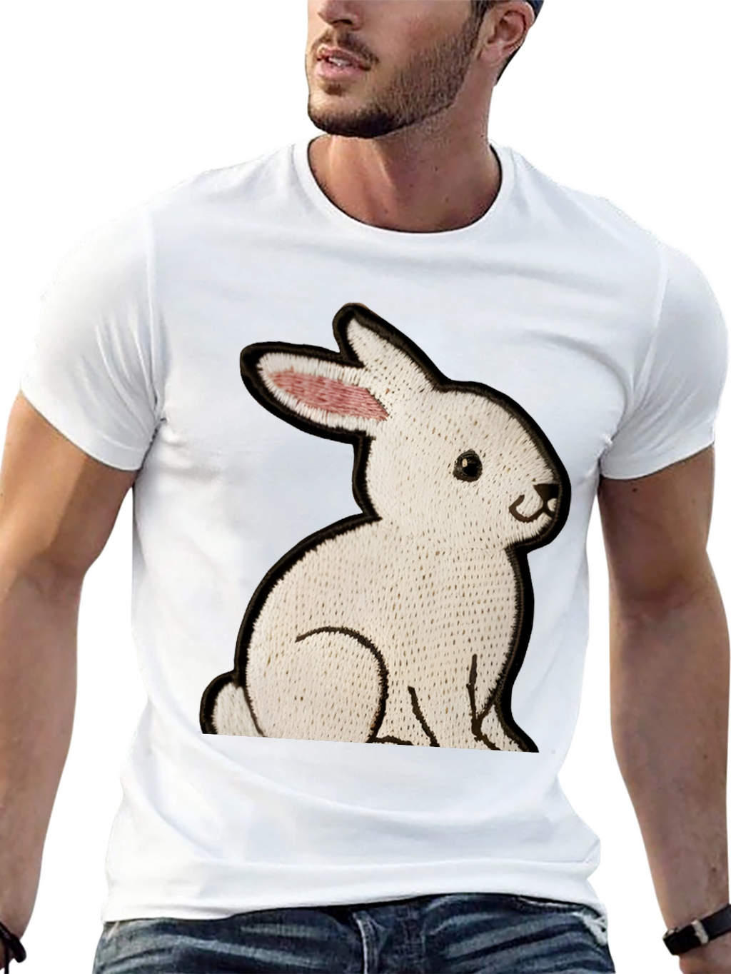 Black T-Shirt with Embroidered Rabbit