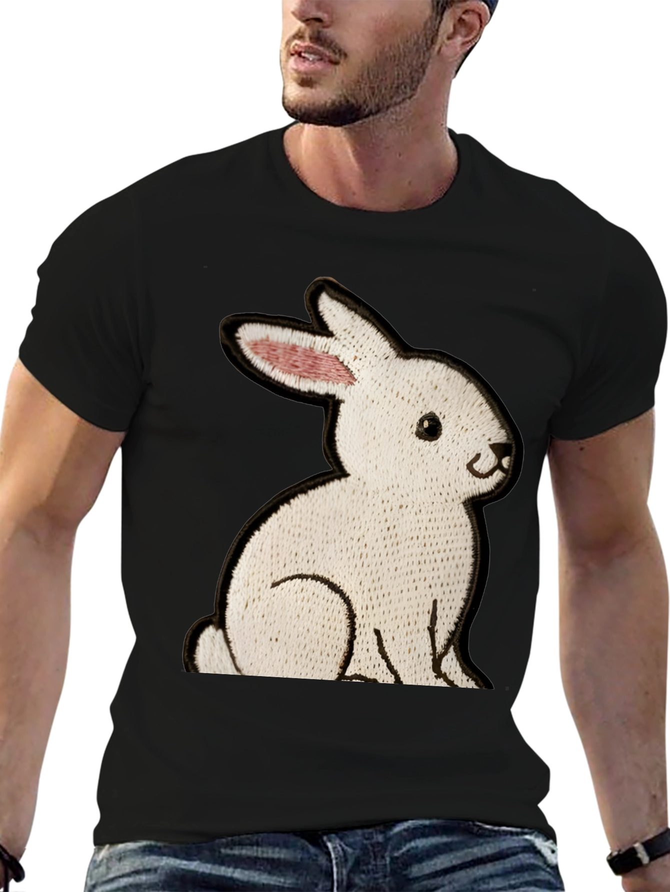 Black T-Shirt with Embroidered Rabbit