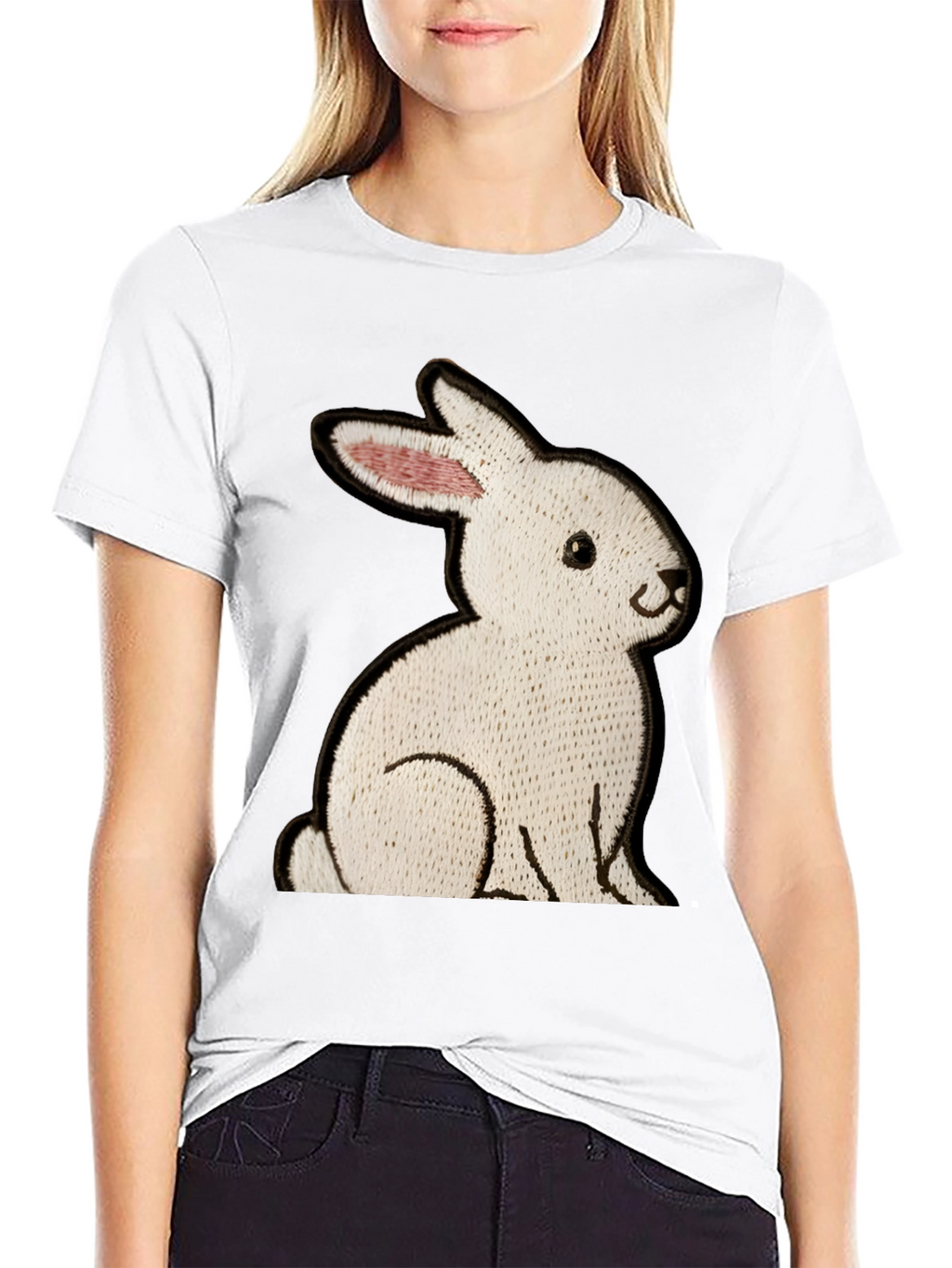 Black T-Shirt with Embroidered Rabbit