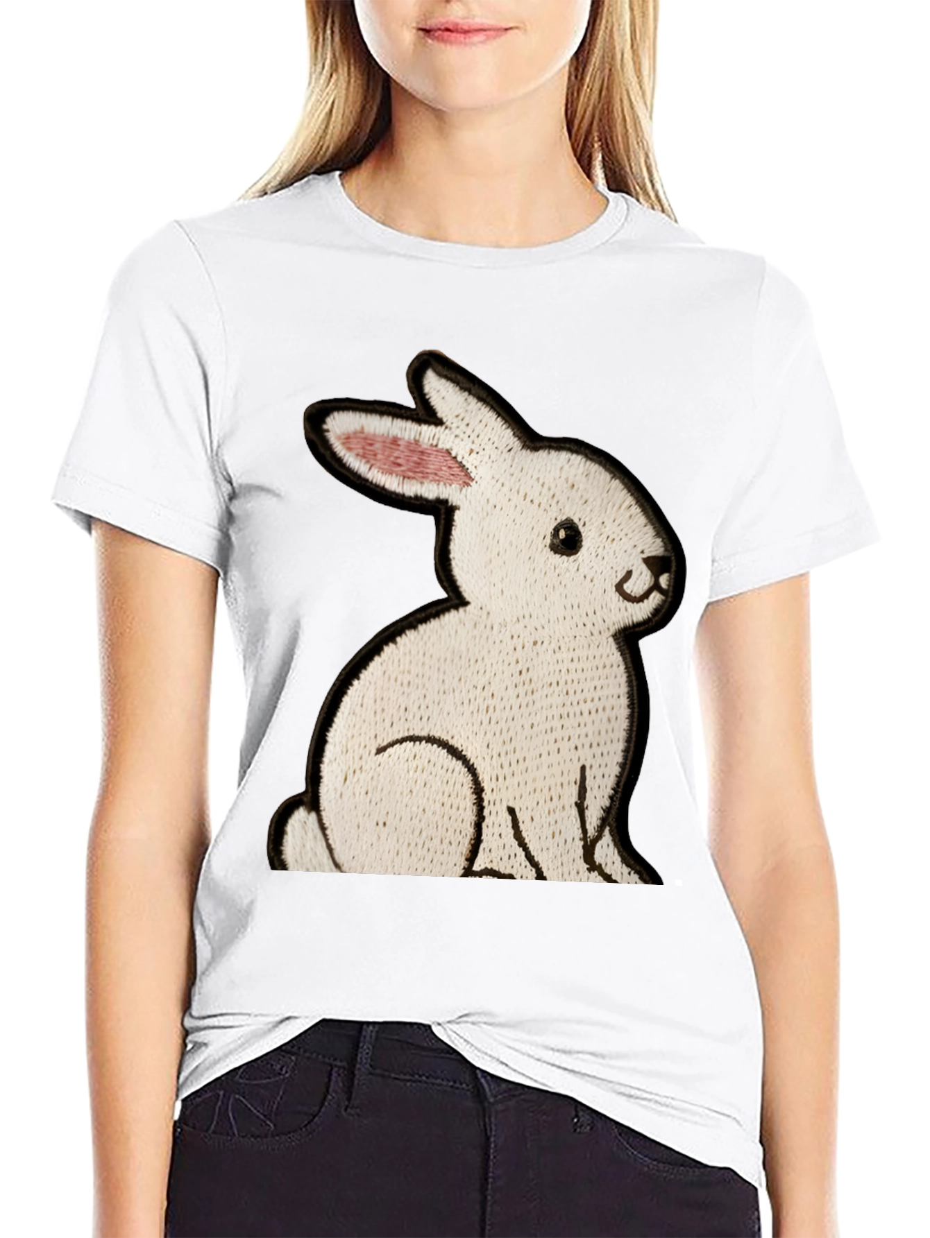 Black T-Shirt with Embroidered Rabbit