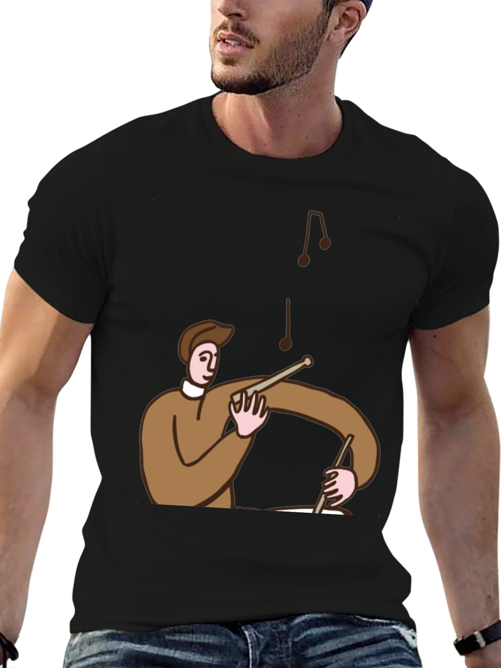 Cartoon Drummer T-Shirt - Black Cotton Tee