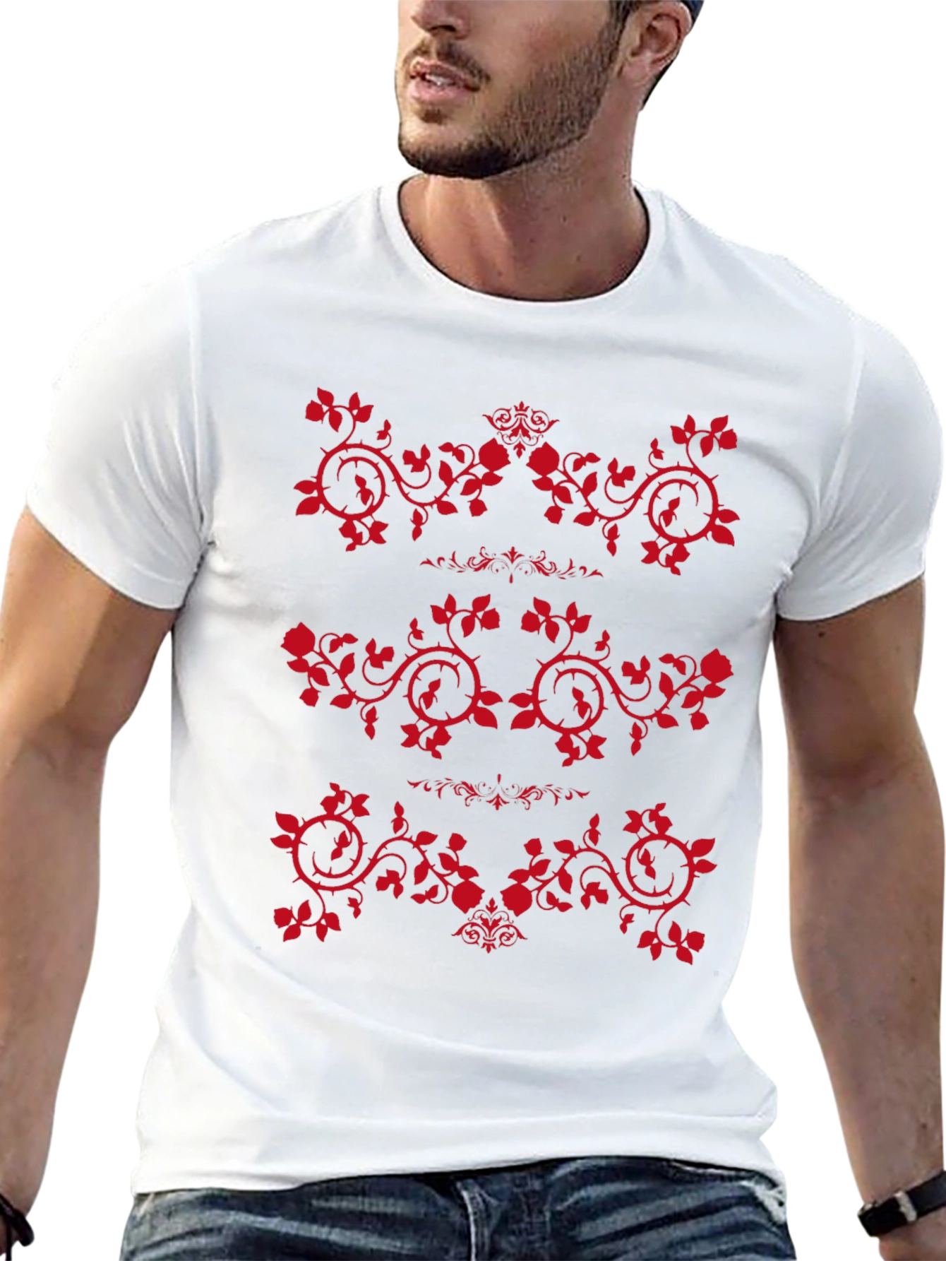 Mens Black T-Shirt with Red Rose Vine Design