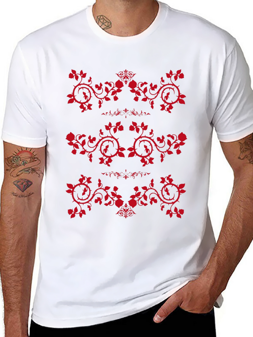 Mens Black T-Shirt with Red Rose Vine Design