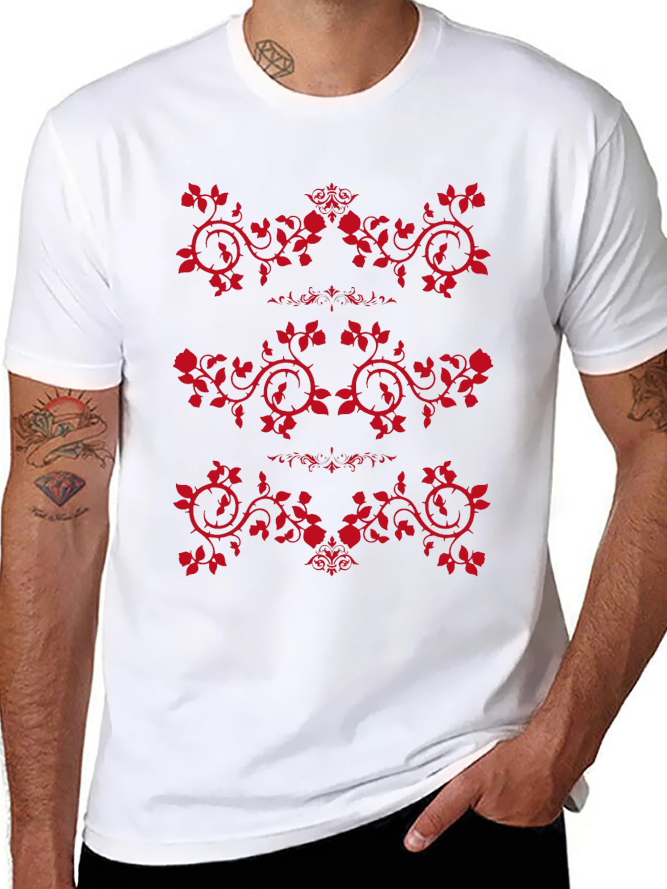 Mens Black T-Shirt with Red Rose Vine Design