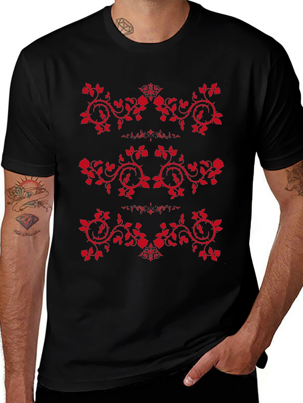 Mens Black T-Shirt with Red Rose Vine Design