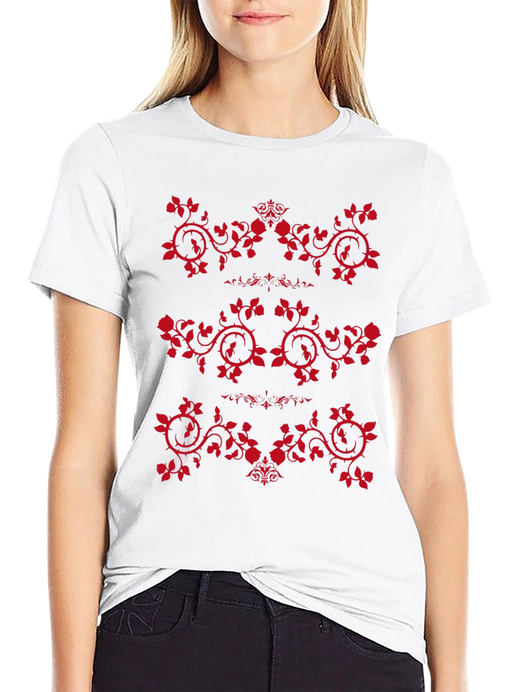Mens Black T-Shirt with Red Rose Vine Design