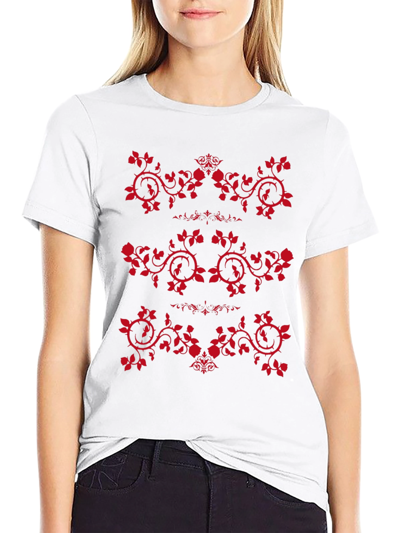 Mens Black T-Shirt with Red Rose Vine Design
