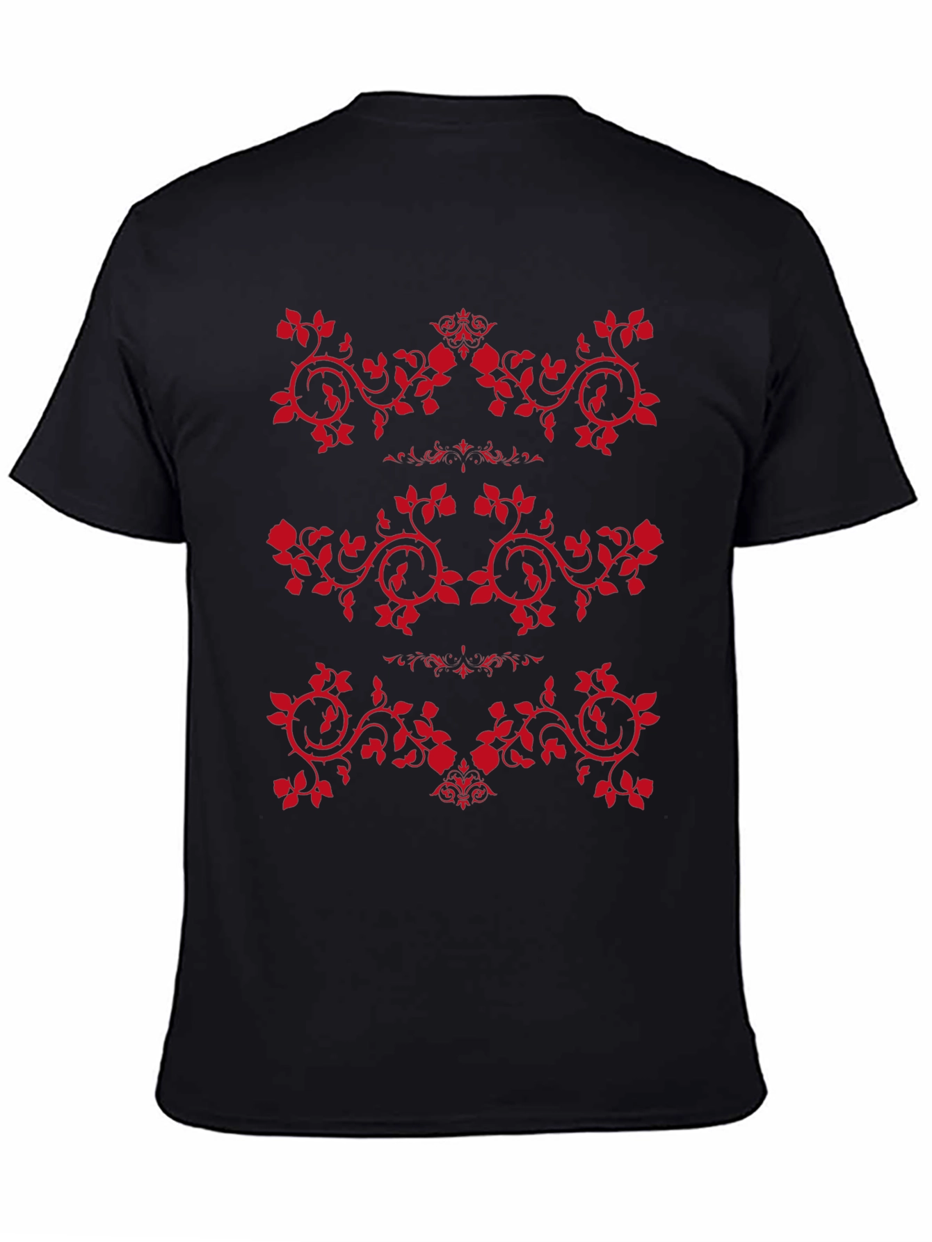 Mens Black T-Shirt with Red Rose Vine Design