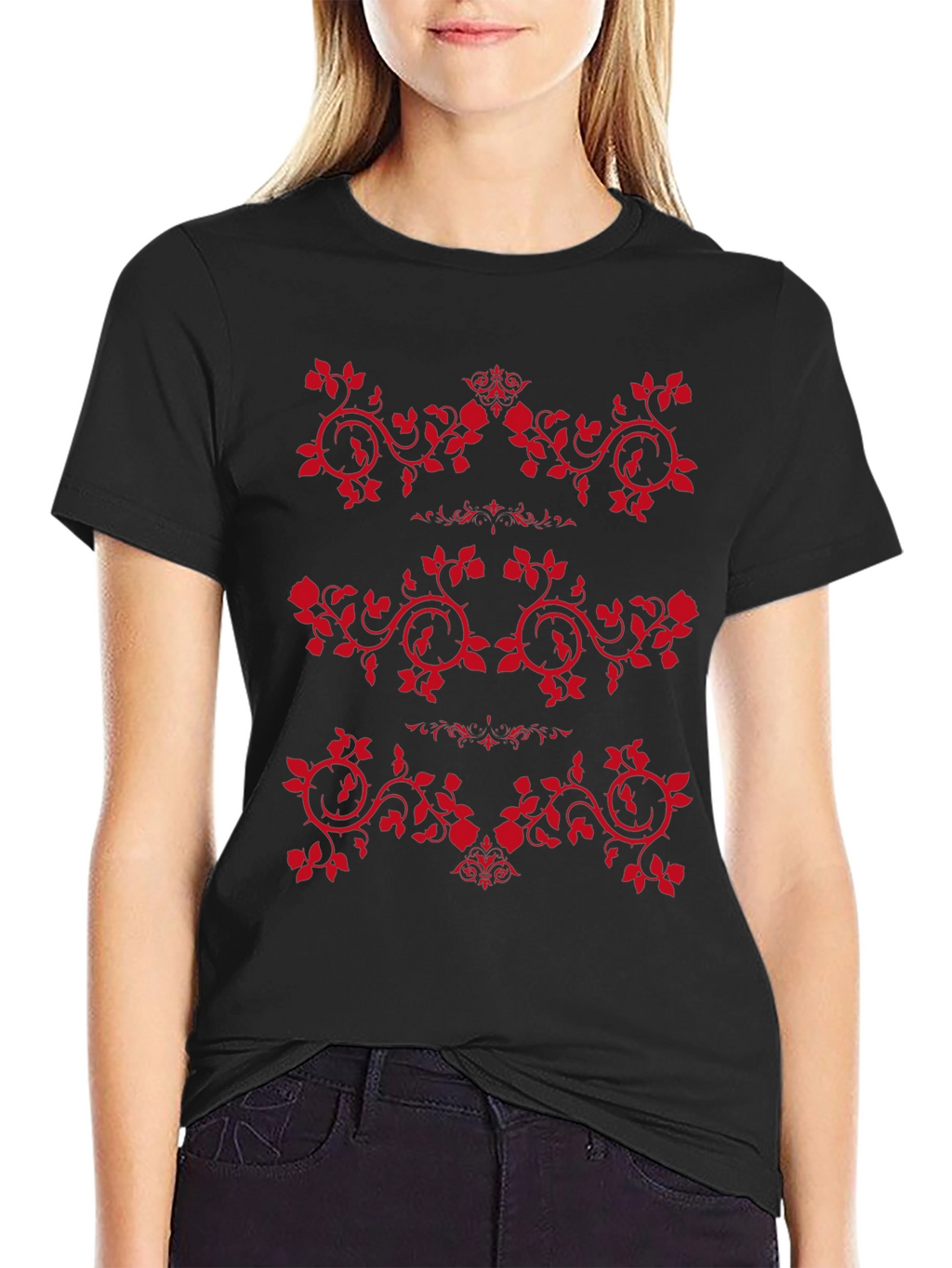 Mens Black T-Shirt with Red Rose Vine Design