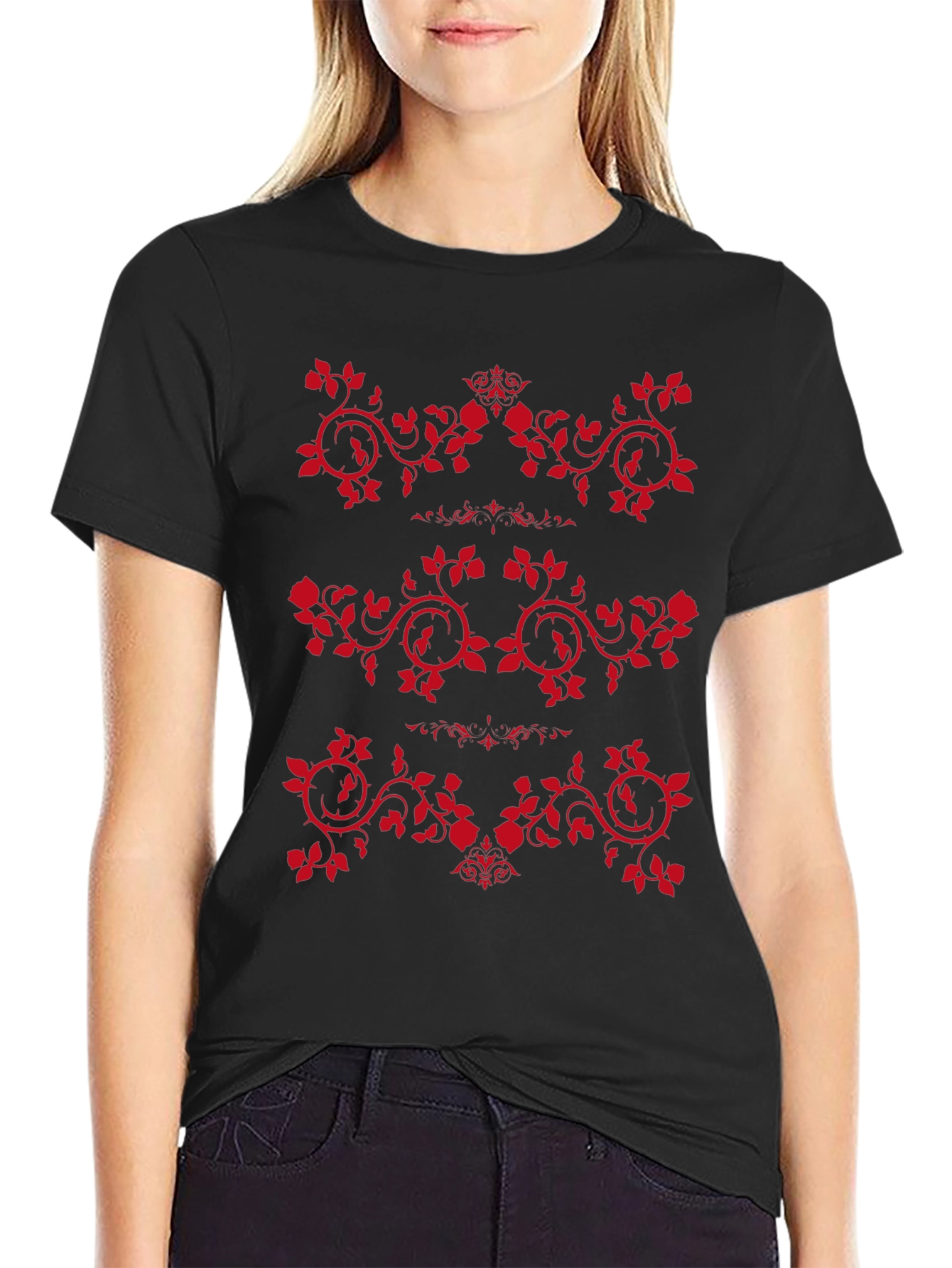 Mens Black T-Shirt with Red Rose Vine Design