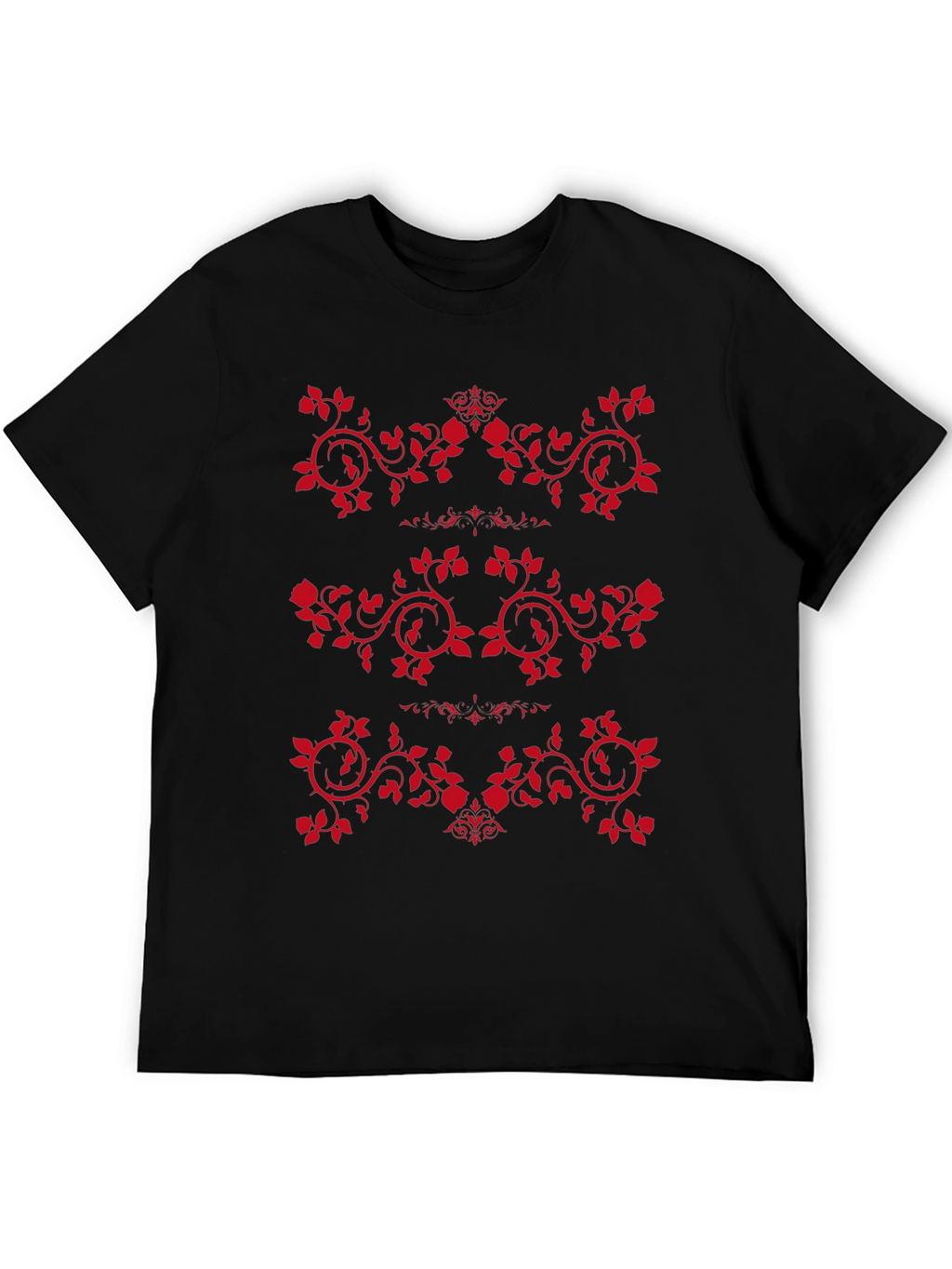 Mens Black T-Shirt with Red Rose Vine Design