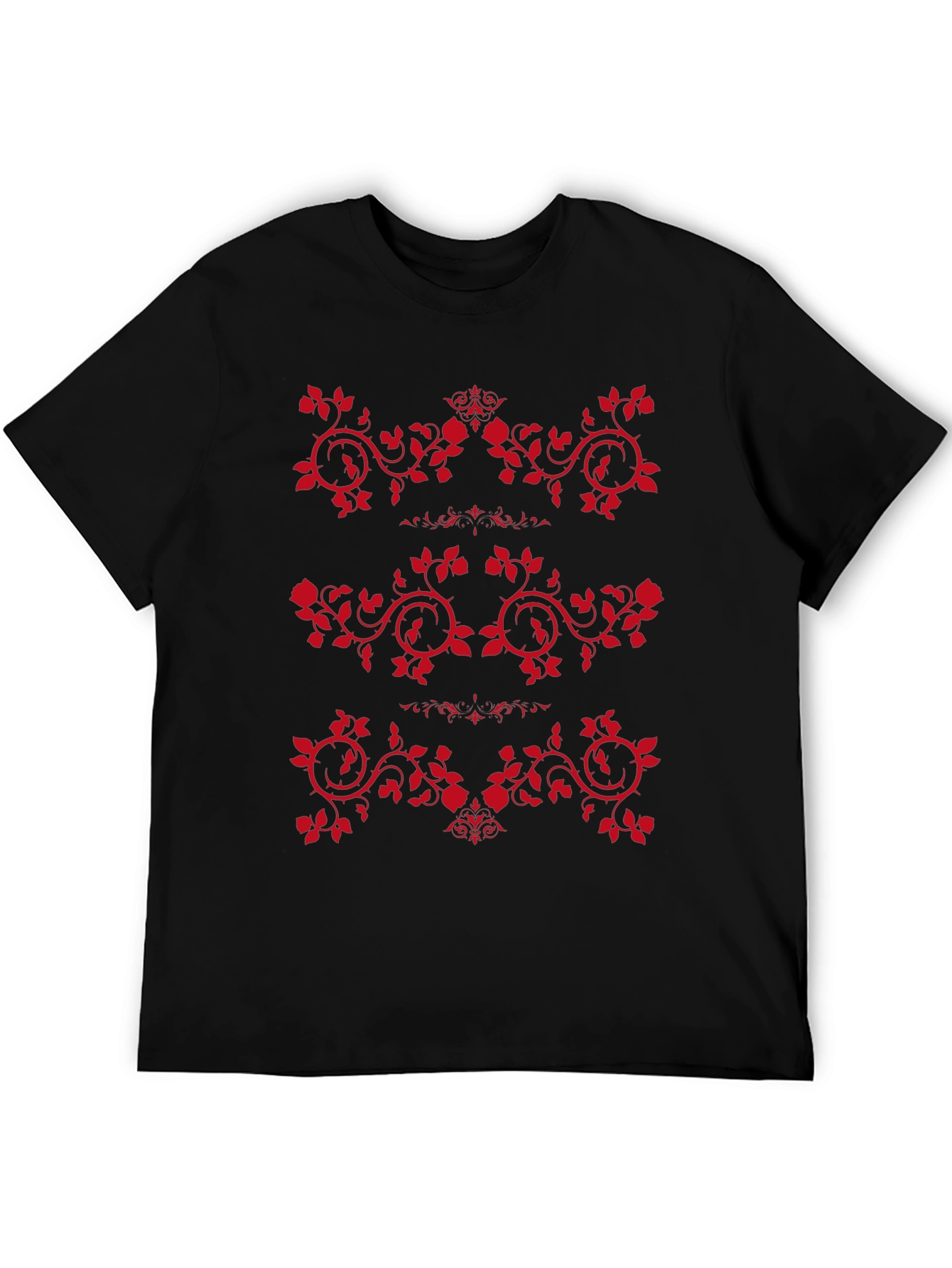 Mens Black T-Shirt with Red Rose Vine Design