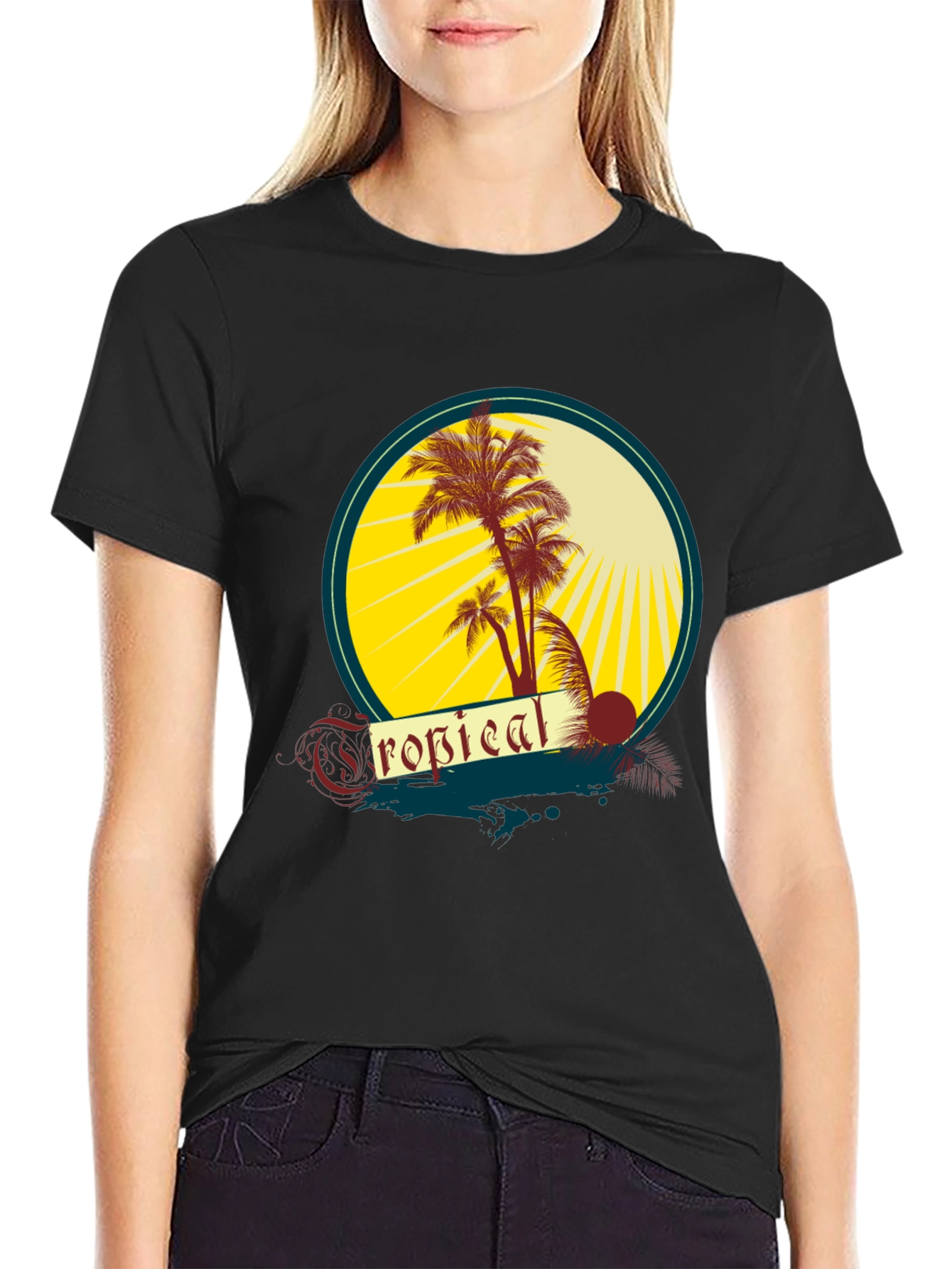 Tropical Palms Graphic Tee - Black Cotton T-Shirt